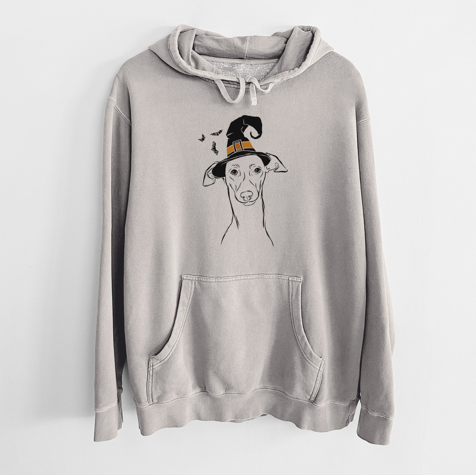 Hand-drawn sketch of Ziggie the Italian Greyhound wearing a witch hat on a Cement Unisex pigment dyed hoodie
