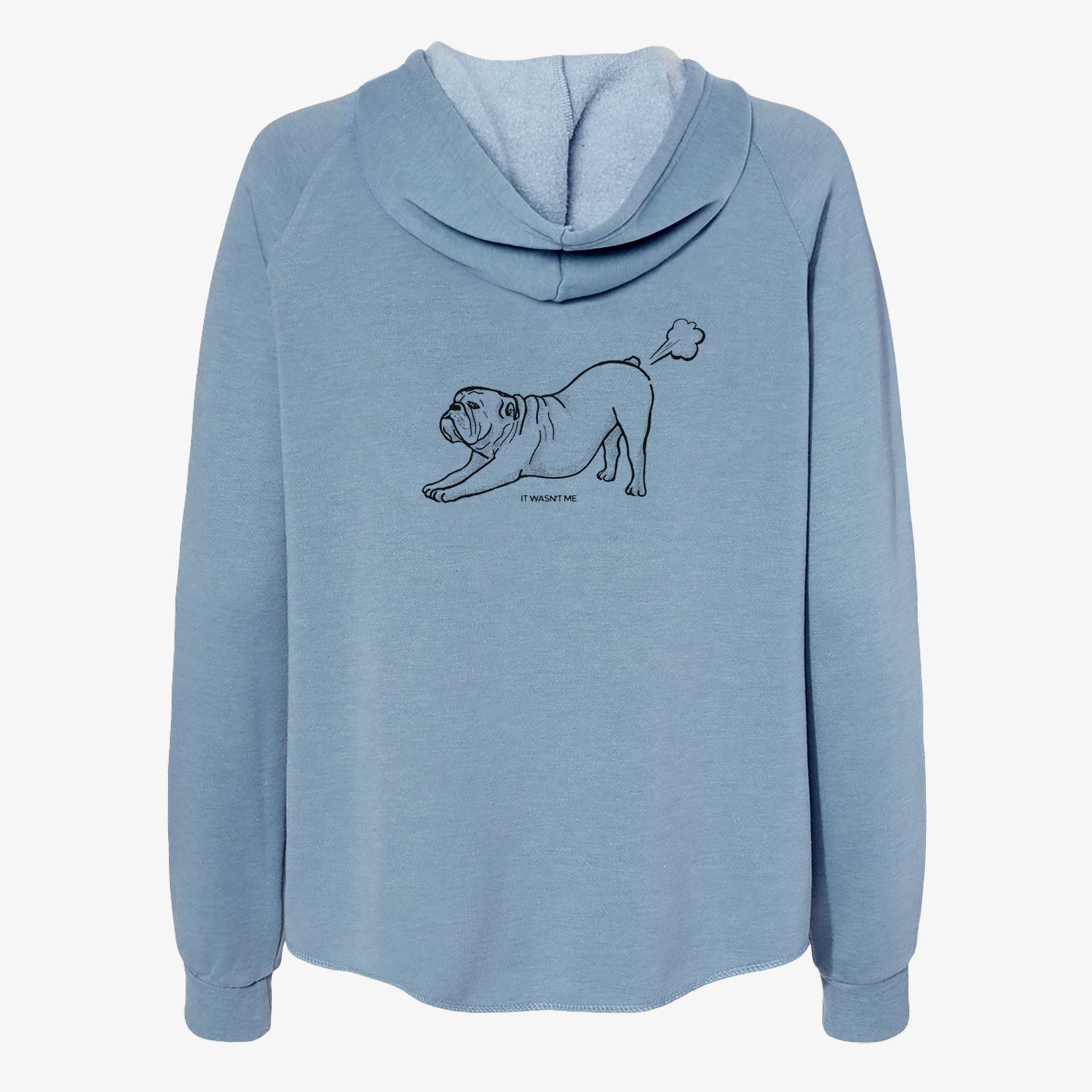 'It Wasn't Me — English Bulldog' design on a Misty Blue Women's cali wave zip-up sweatshirt