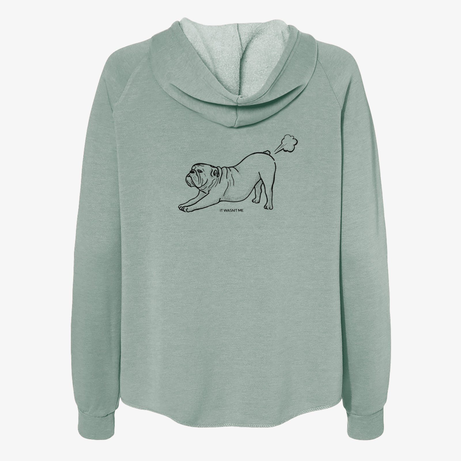 'It Wasn't Me — English Bulldog' design on a Sage Women's cali wave zip-up sweatshirt