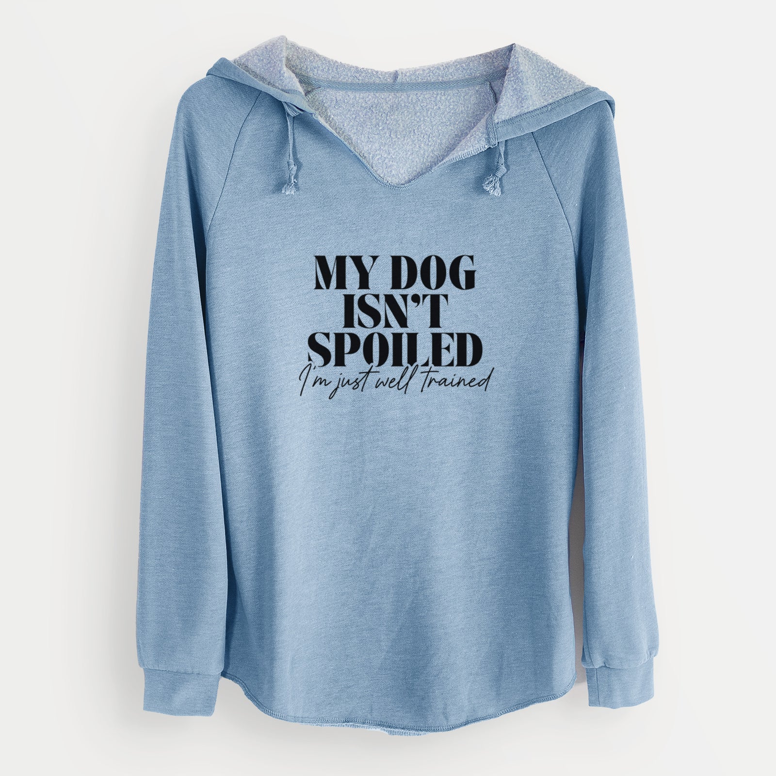 'My Dog Isn't Spoiled I'm Just Well Trained' design on a Misty Blue Cali Wave Hooded Sweatshirt