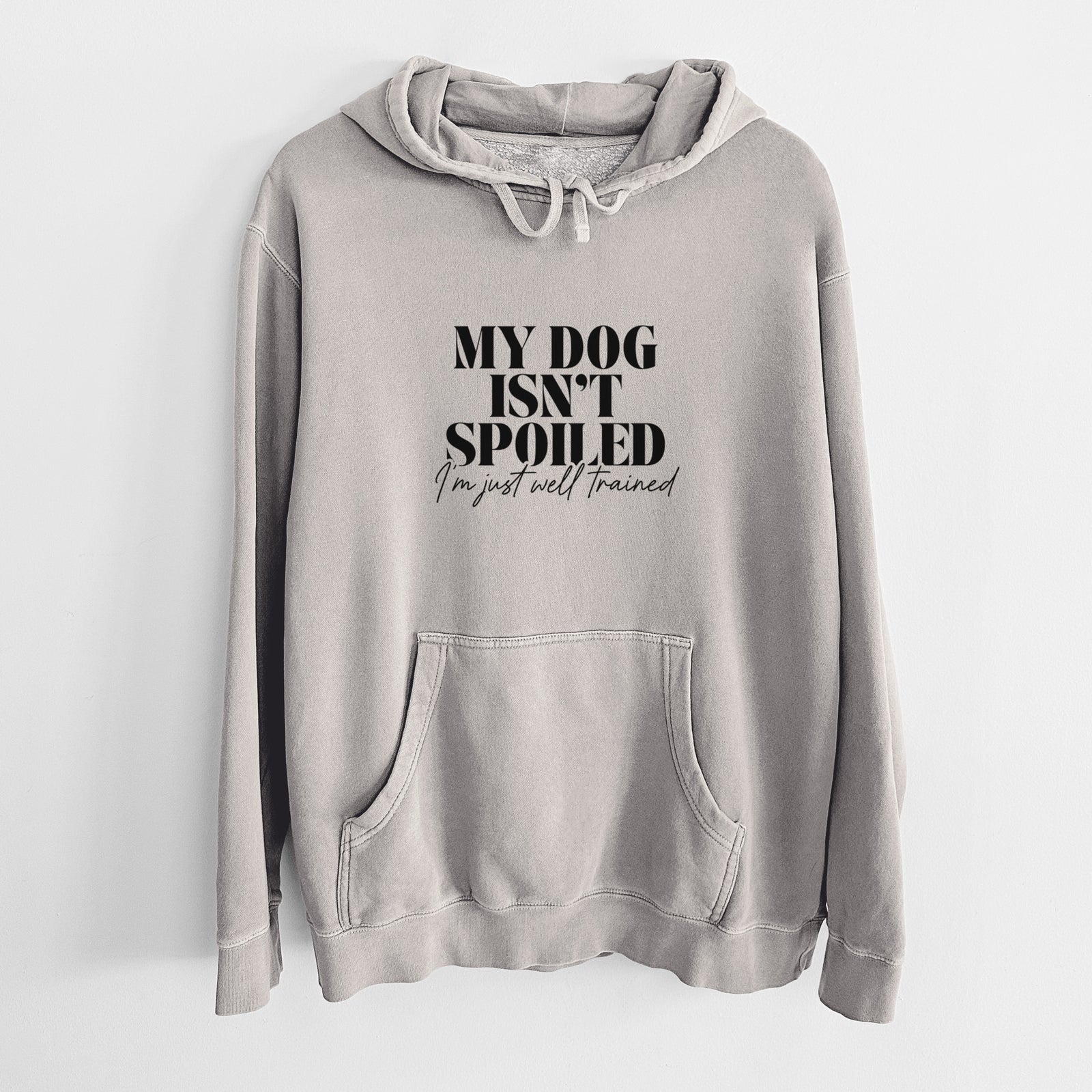 'My Dog Isn't Spoiled I'm Just Well Trained' design on a Cement Unisex pigment dyed hoodie