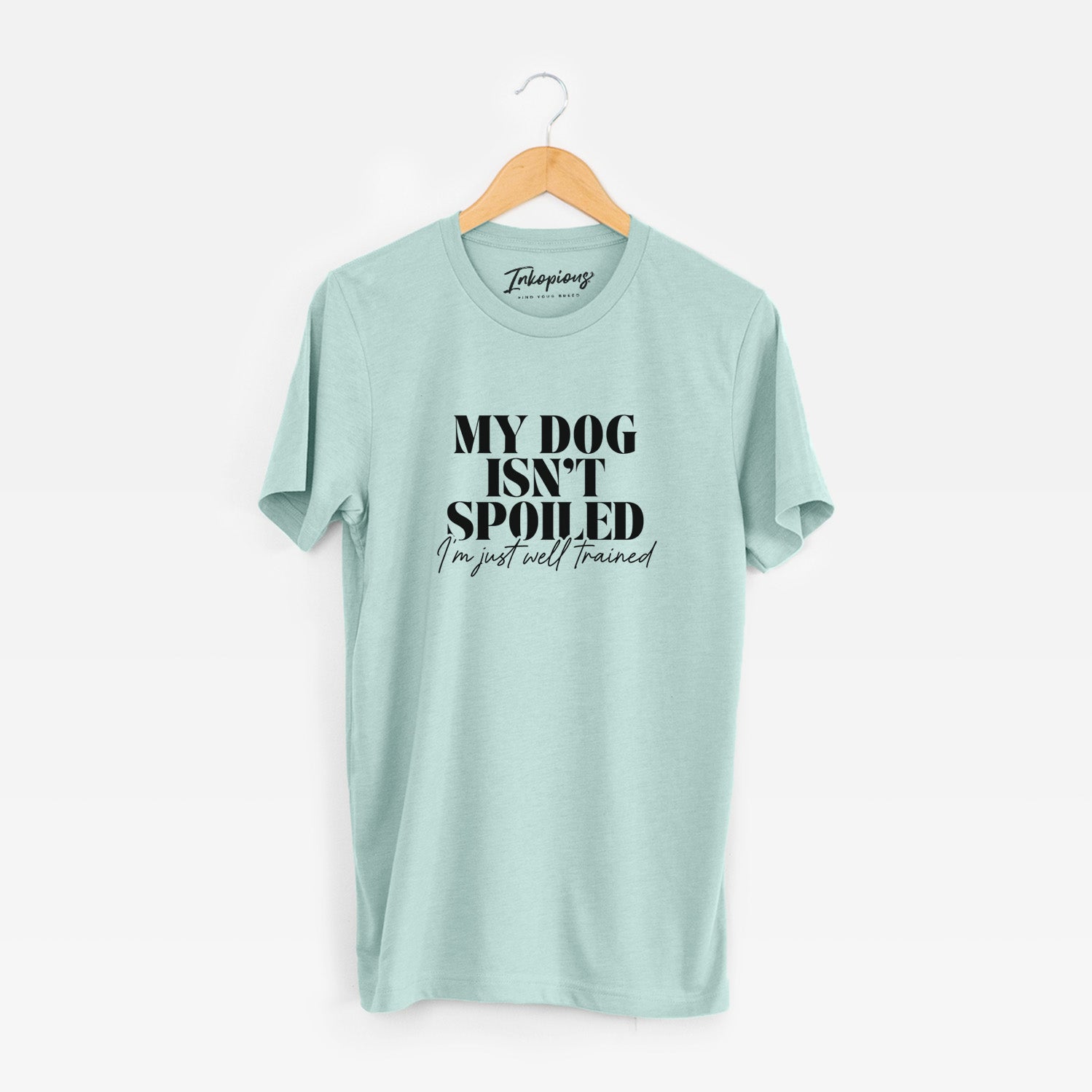 'My Dog Isn't Spoiled I'm Just Well Trained' design on a Heather Sage Unisex crewneck