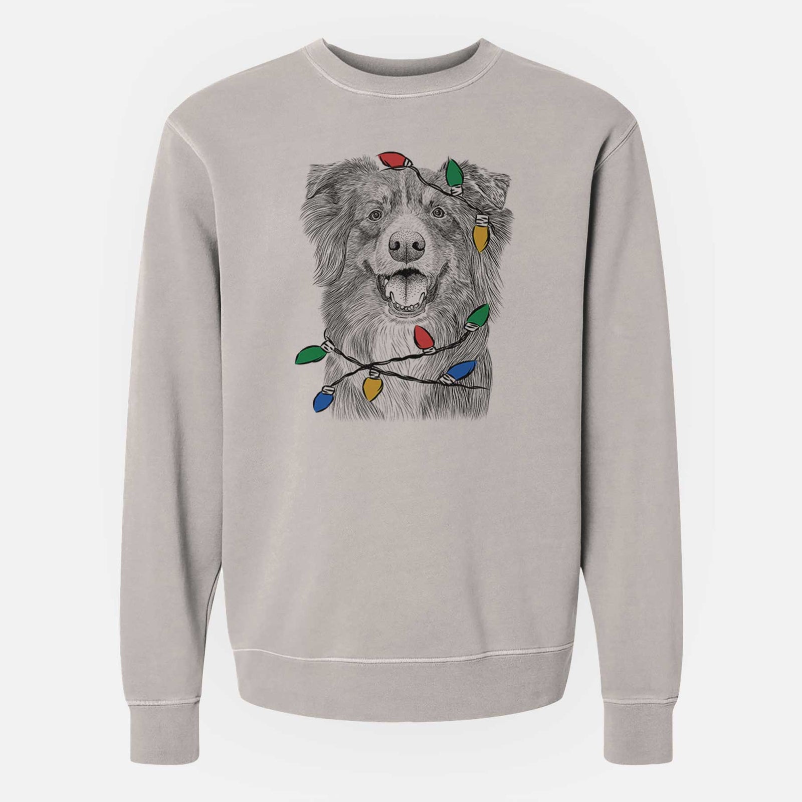 Hand-drawn sketch of Aussie Parker the Australian Shepherd wrapped in Christmas lights on a Cement Unisex pigment dyed crew sweatshirt