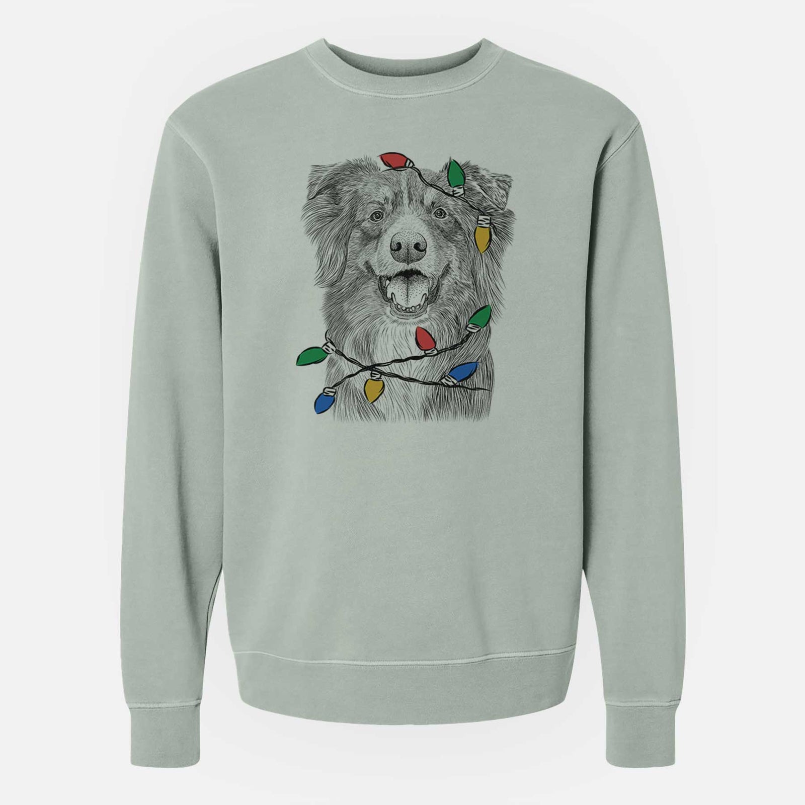 Hand-drawn sketch of Aussie Parker the Australian Shepherd wrapped in Christmas lights on a Sage Unisex pigment dyed crew sweatshirt