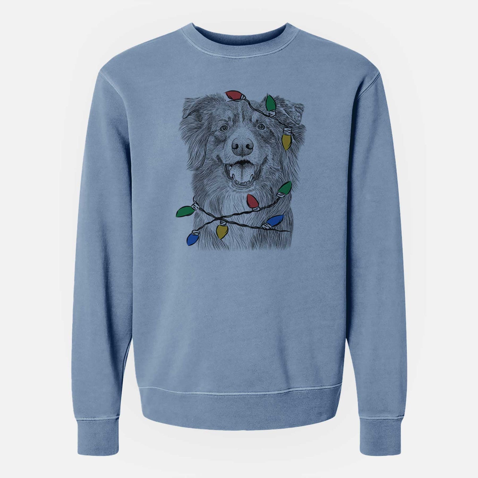 Hand-drawn sketch of Aussie Parker the Australian Shepherd wrapped in Christmas lights on a Slate Blue Unisex pigment dyed crew sweatshirt