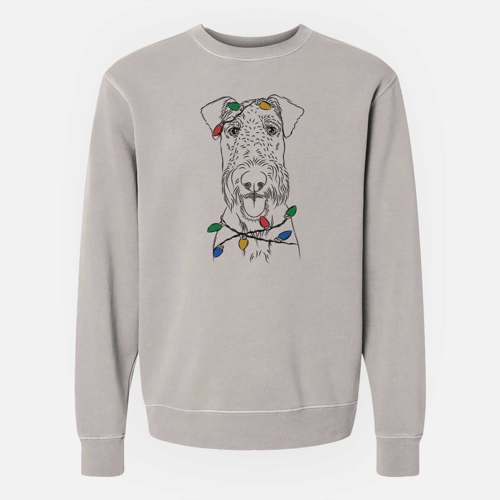 Hand-drawn sketch of Andy the Airedale Terrier wrapped in Christmas lights on a Cement Unisex pigment dyed crew sweatshirt