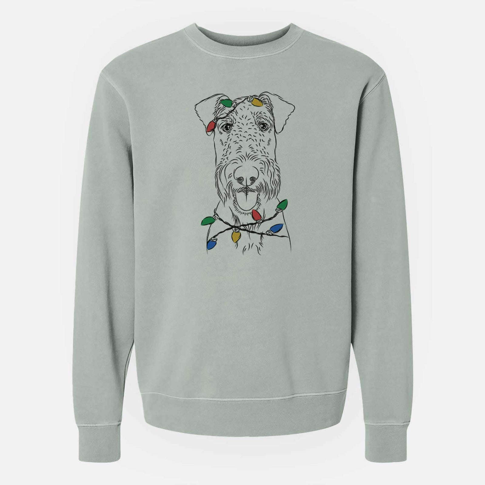 Hand-drawn sketch of Andy the Airedale Terrier wrapped in Christmas lights on a Sage Unisex pigment dyed crew sweatshirt