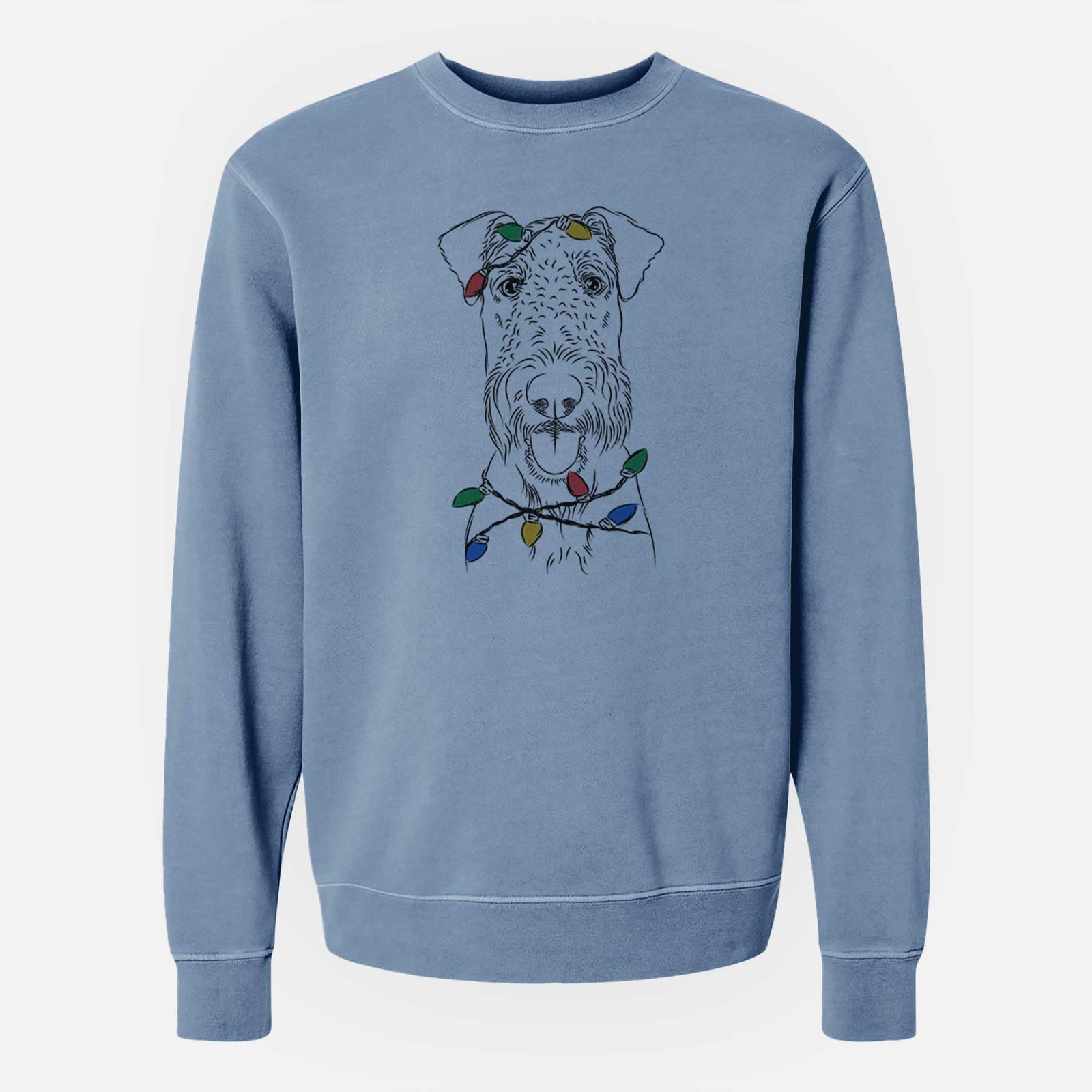 Hand-drawn sketch of Andy the Airedale Terrier wrapped in Christmas lights on a Slate Blue Unisex pigment dyed crew sweatshirt