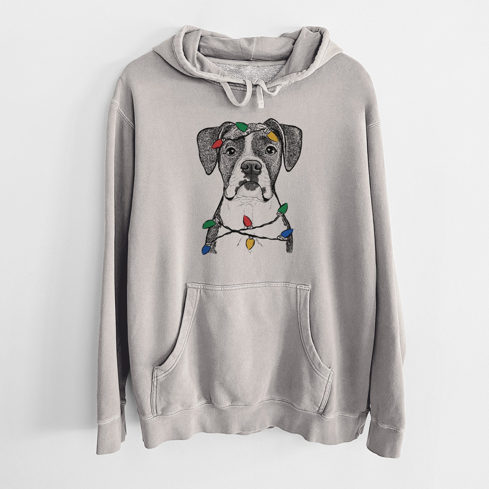 Hand-drawn sketch of Annie the Boxer wrapped in Christmas lights on a Cement Unisex pigment dyed hoodie