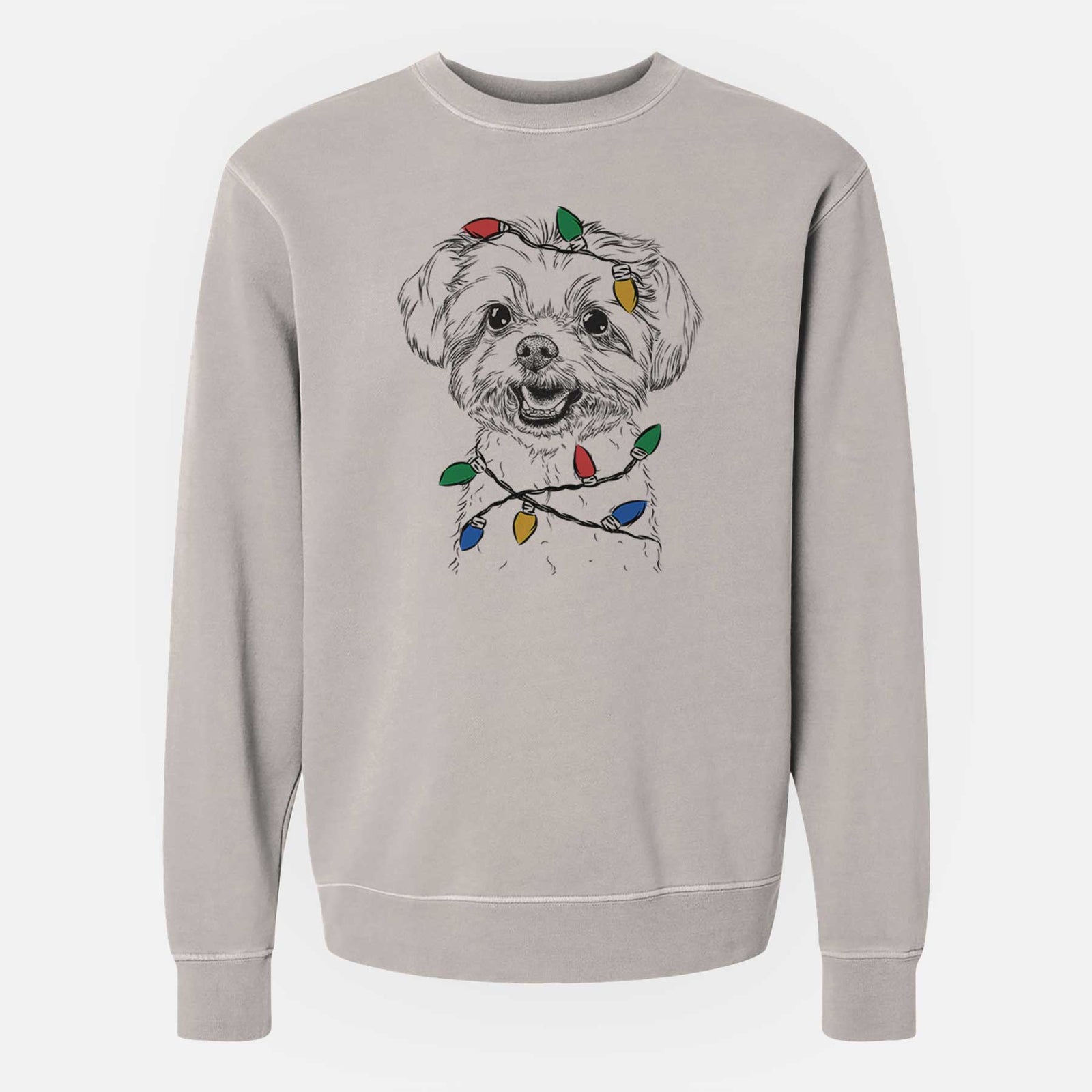 Hand-drawn sketch of Aspen the Morkie wrapped in Christmas lights on a Cement Unisex pigment dyed crew sweatshirt
