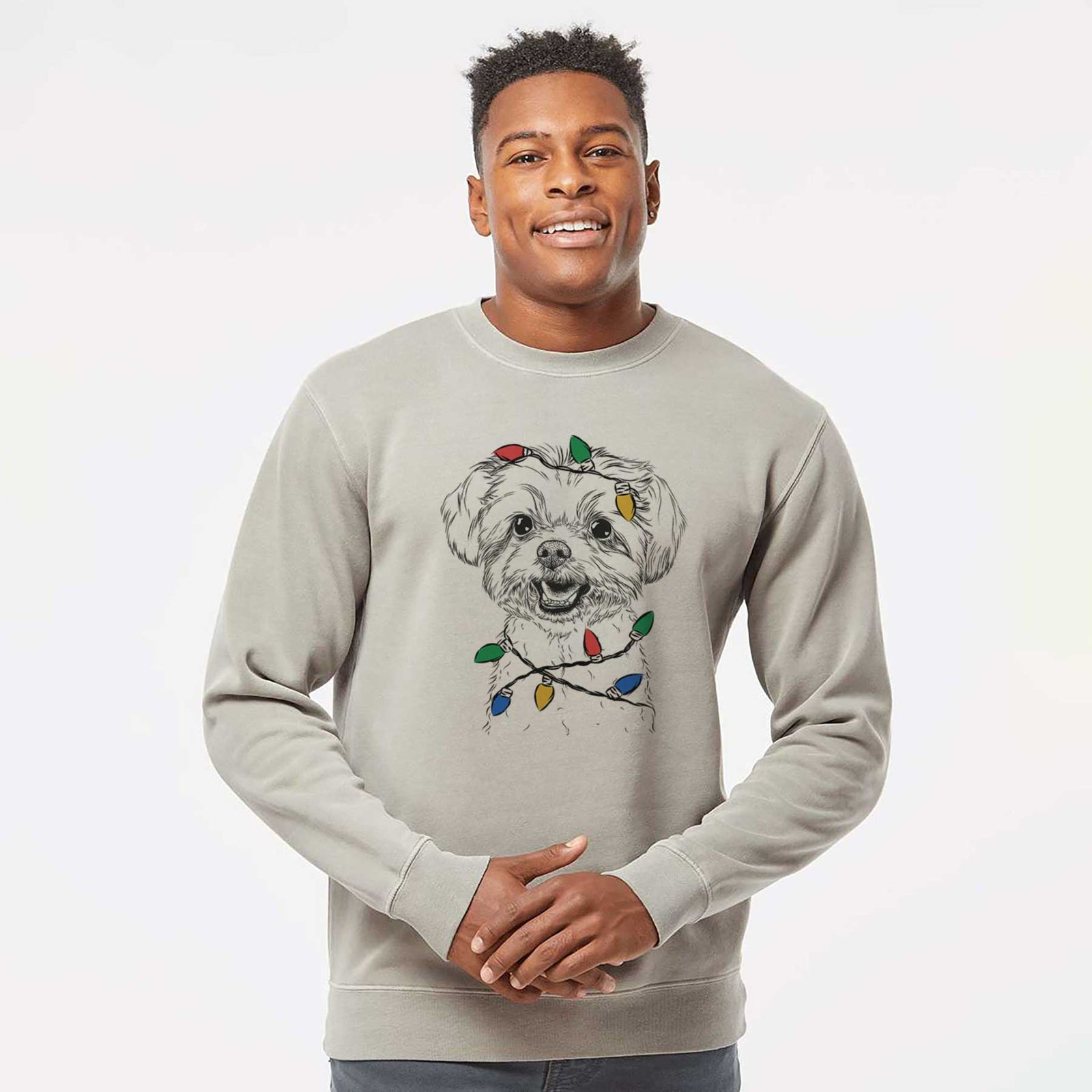 Hand-drawn sketch of Aspen the Morkie wrapped in Christmas lights on a Cement Unisex pigment dyed crew sweatshirt