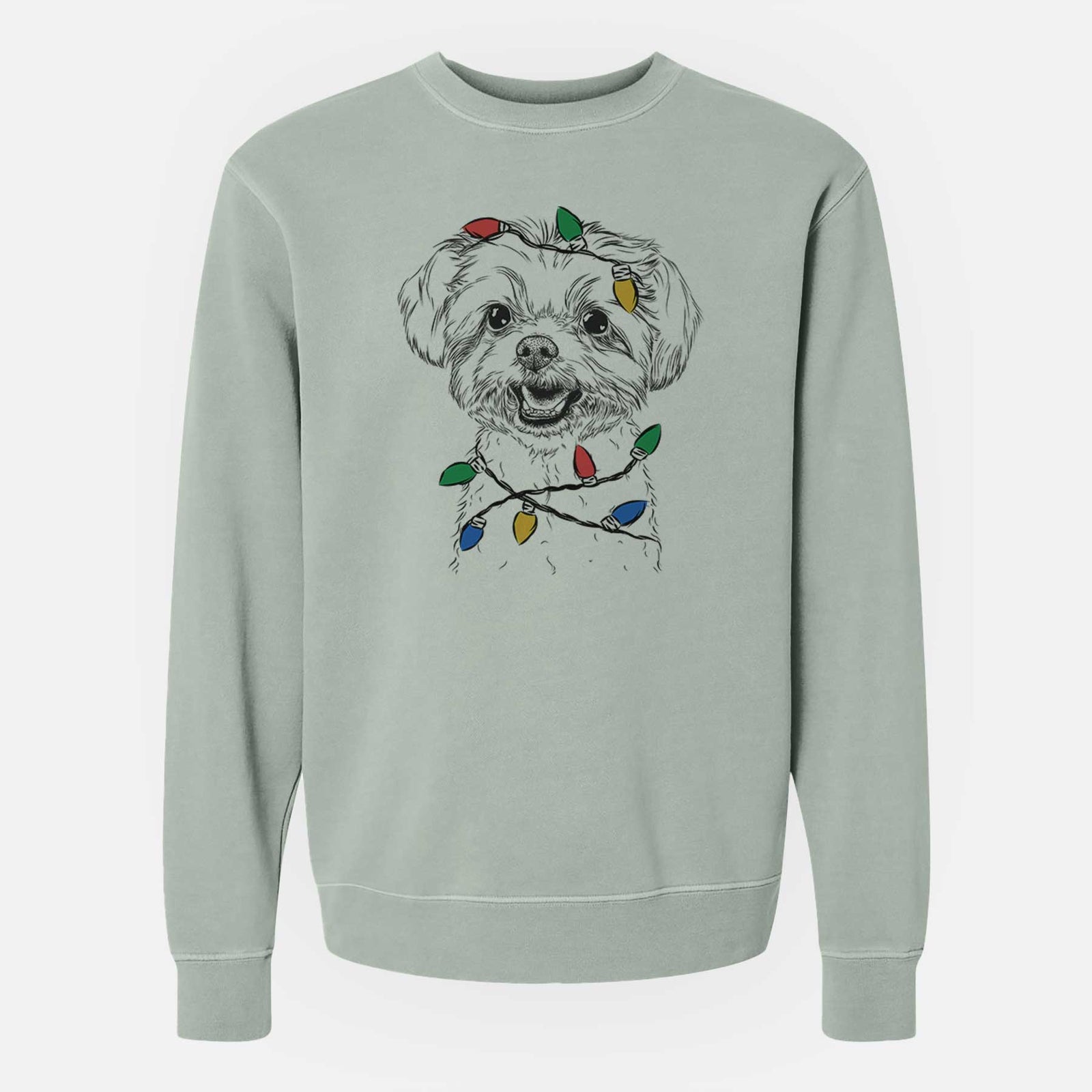 Hand-drawn sketch of Aspen the Morkie wrapped in Christmas lights on a Sage Unisex pigment dyed crew sweatshirt