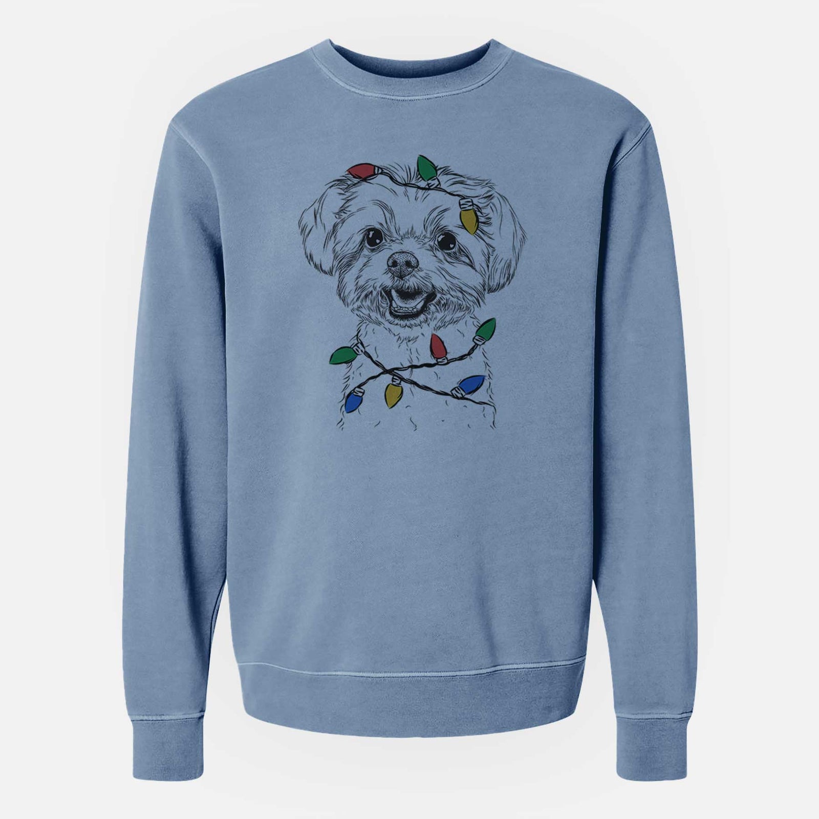 Hand-drawn sketch of Aspen the Morkie wrapped in Christmas lights on a Slate Blue Unisex pigment dyed crew sweatshirt
