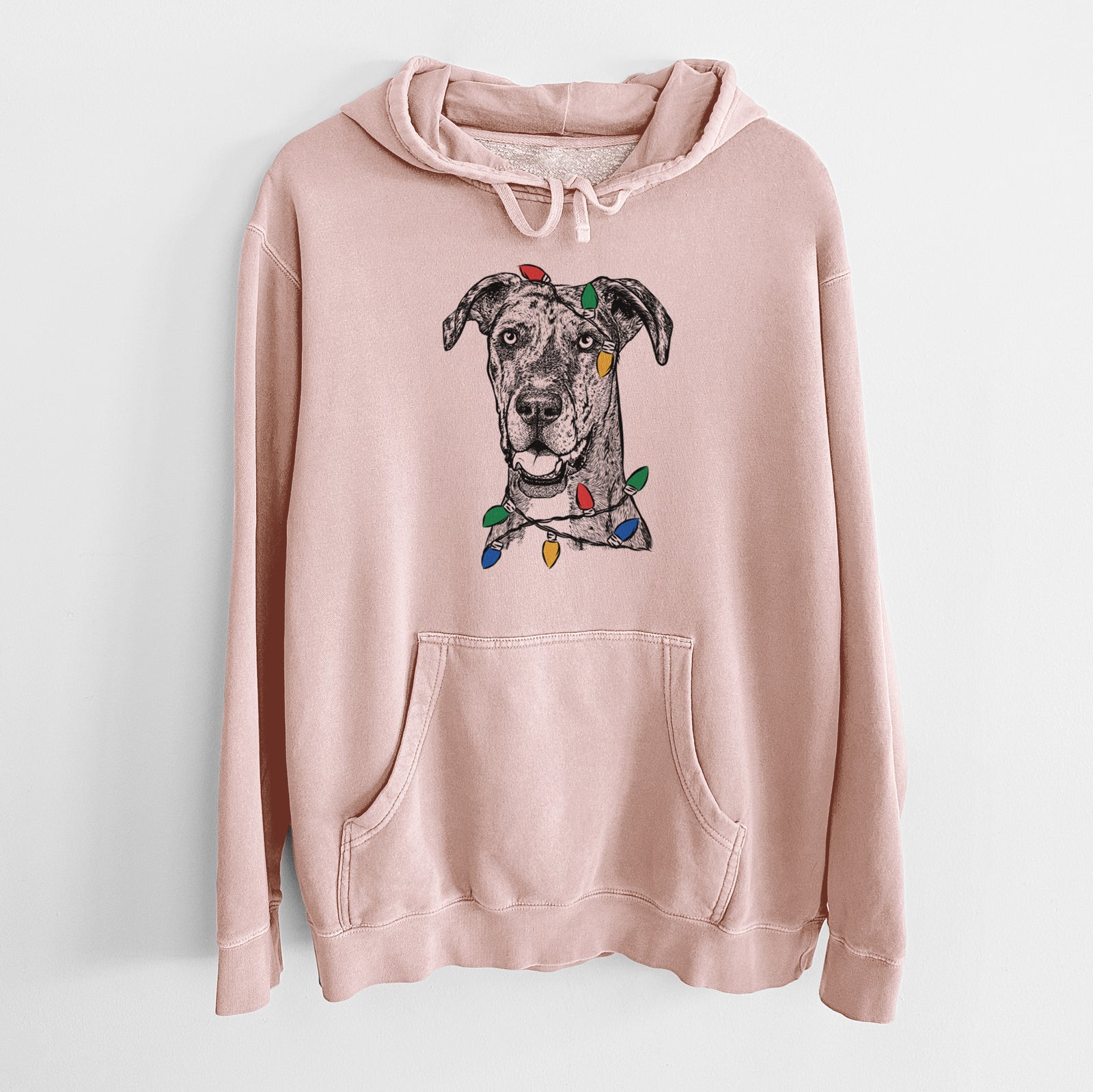 Hand-drawn sketch of Athena the Merle Great Dane wrapped in Christmas lights on a Dusty Pink Unisex pigment dyed hoodie
