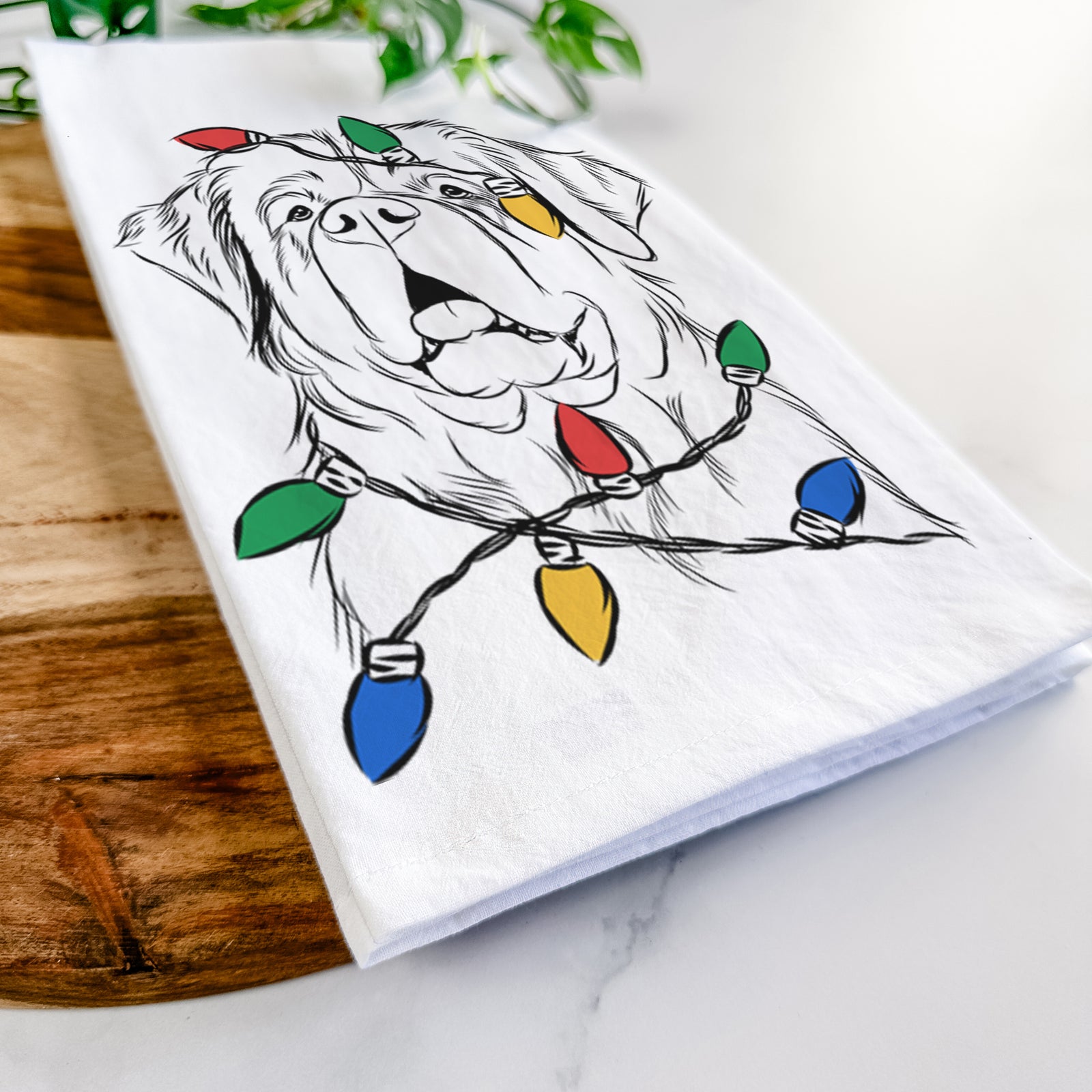 Hand-drawn sketch of Atlas the Saint Bernard wrapped in Christmas lights on a tea towel