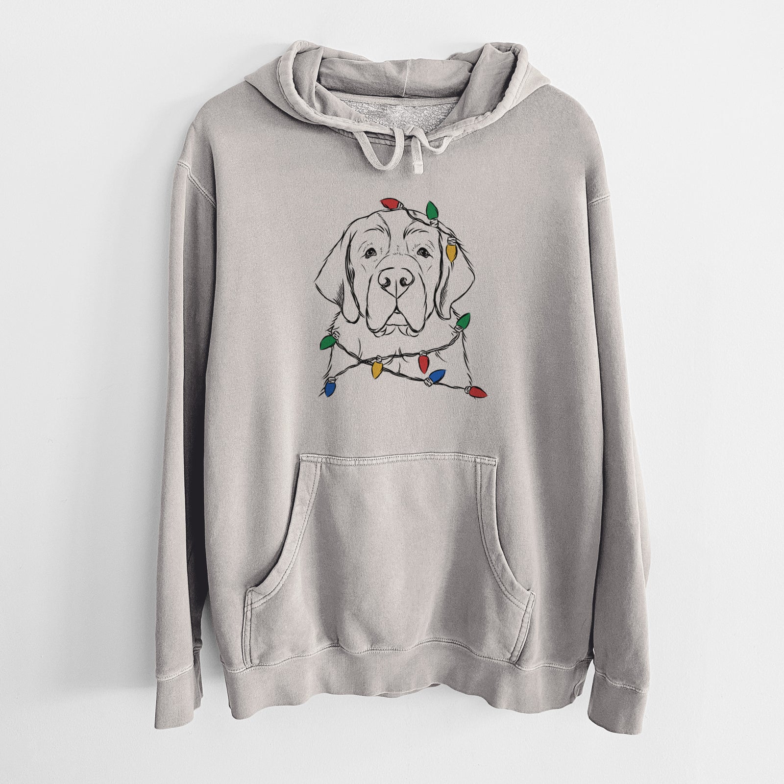 Hand-drawn sketch of Barry the Saint Bernard wrapped in Christmas lights on a Cement Unisex pigment dyed hoodie