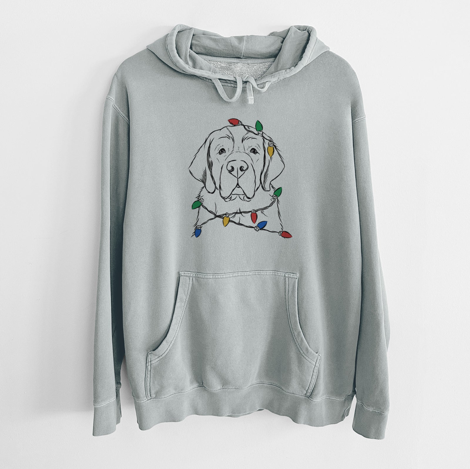 Hand-drawn sketch of Barry the Saint Bernard wrapped in Christmas lights on a Sage Unisex pigment dyed hoodie
