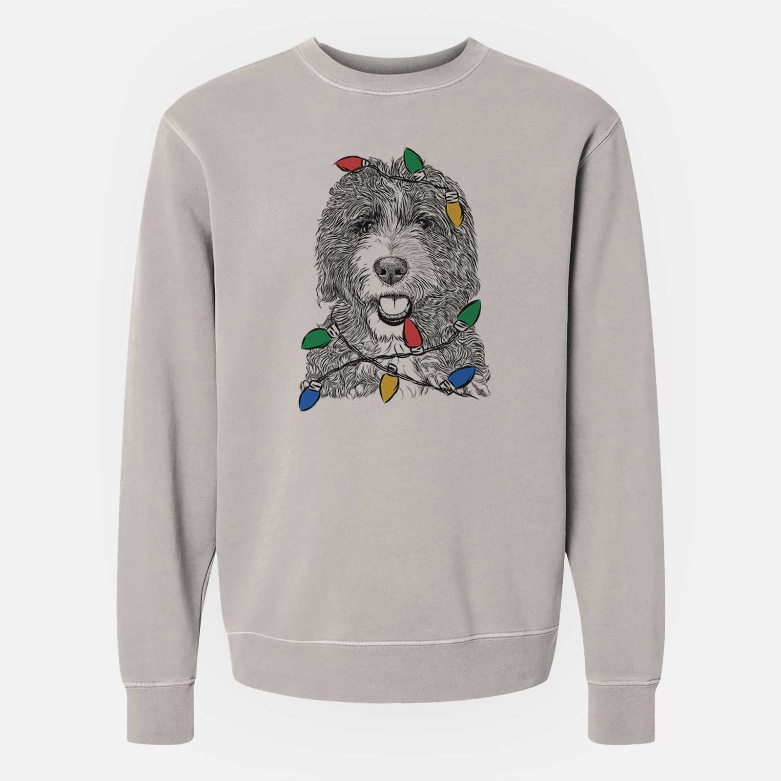 Hand-drawn sketch of Bash the Bernedoodle wrapped in Christmas lights on a Cement Unisex pigment dyed crew sweatshirt