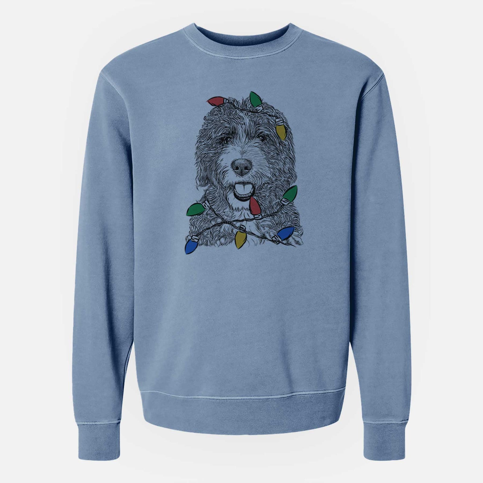 Hand-drawn sketch of Bash the Bernedoodle wrapped in Christmas lights on a Slate Blue Unisex pigment dyed crew sweatshirt