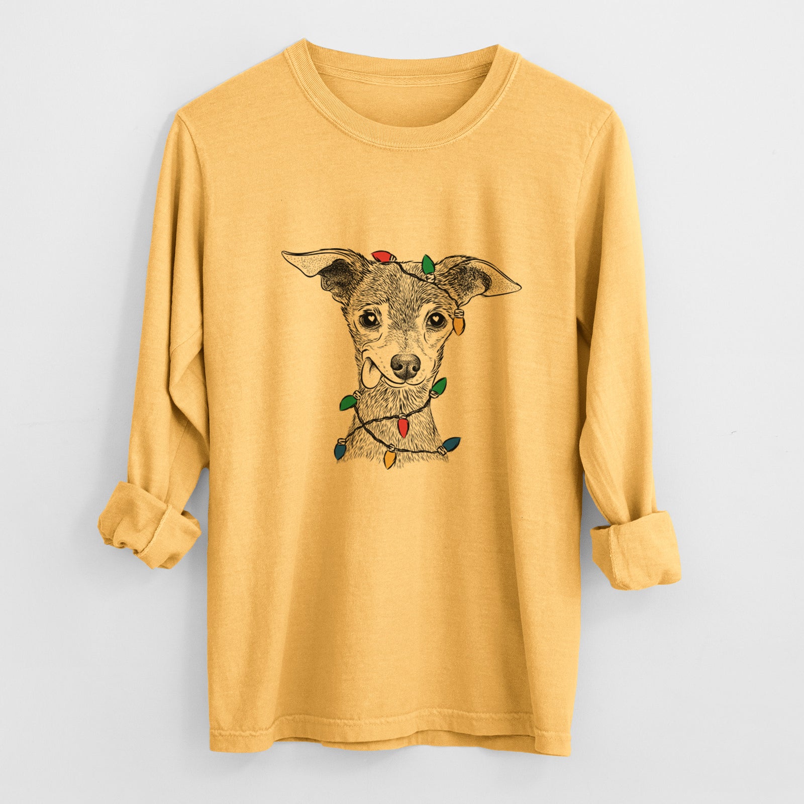 Christmas Lights Bebe the Chihuahua - Heavyweight 100% Cotton Long Sleeve
