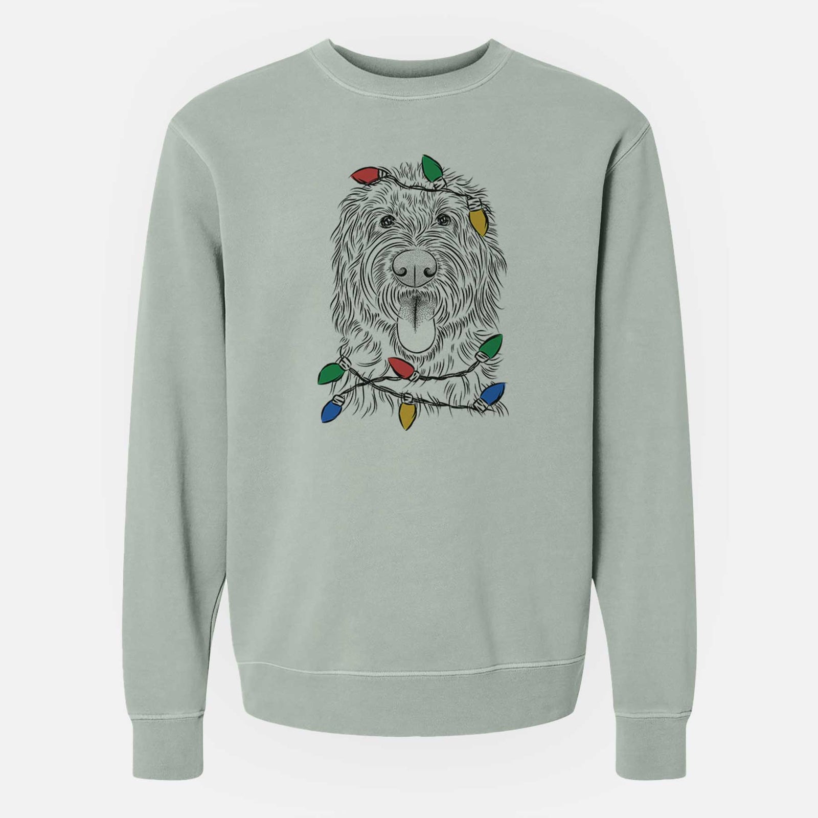 Hand-drawn sketch of Bennett the Doodle wrapped in Christmas lights on a Sage Unisex pigment dyed crew sweatshirt