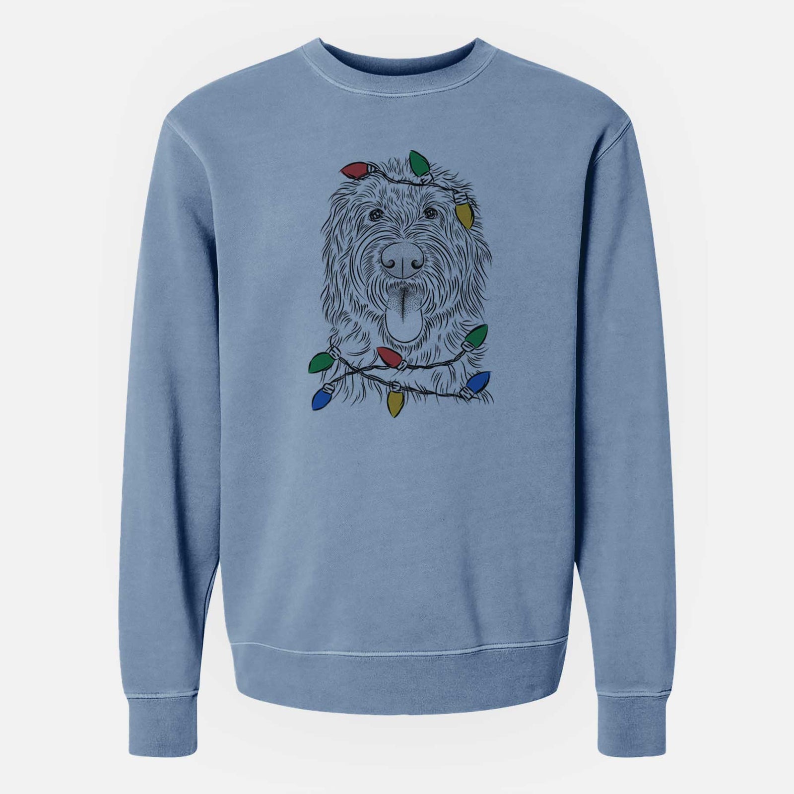Hand-drawn sketch of Bennett the Doodle wrapped in Christmas lights on a Slate Blue Unisex pigment dyed crew sweatshirt