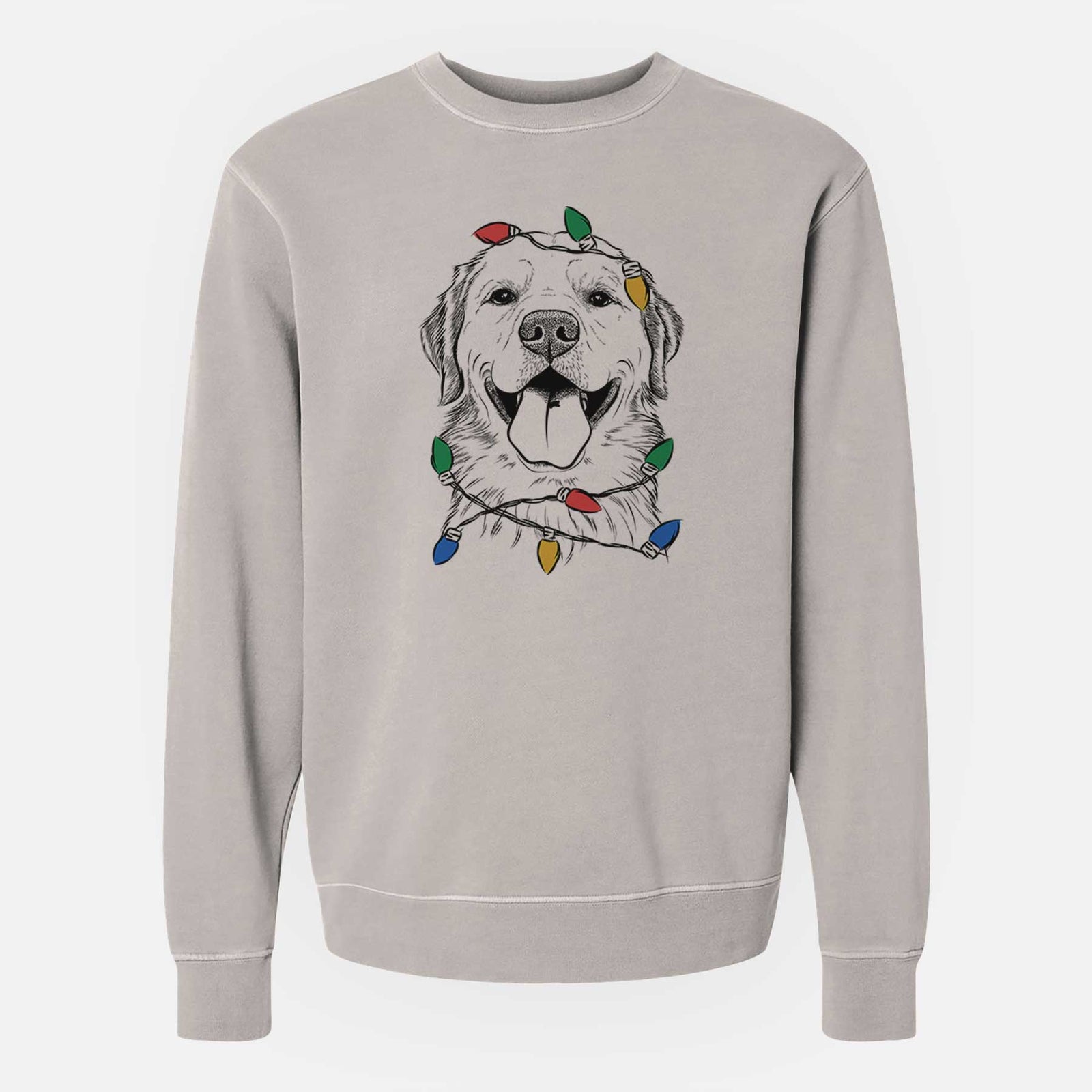Hand-drawn sketch of Bennett the Golden Retriever wrapped in Christmas lights on a Cement Unisex pigment dyed crew sweatshirt