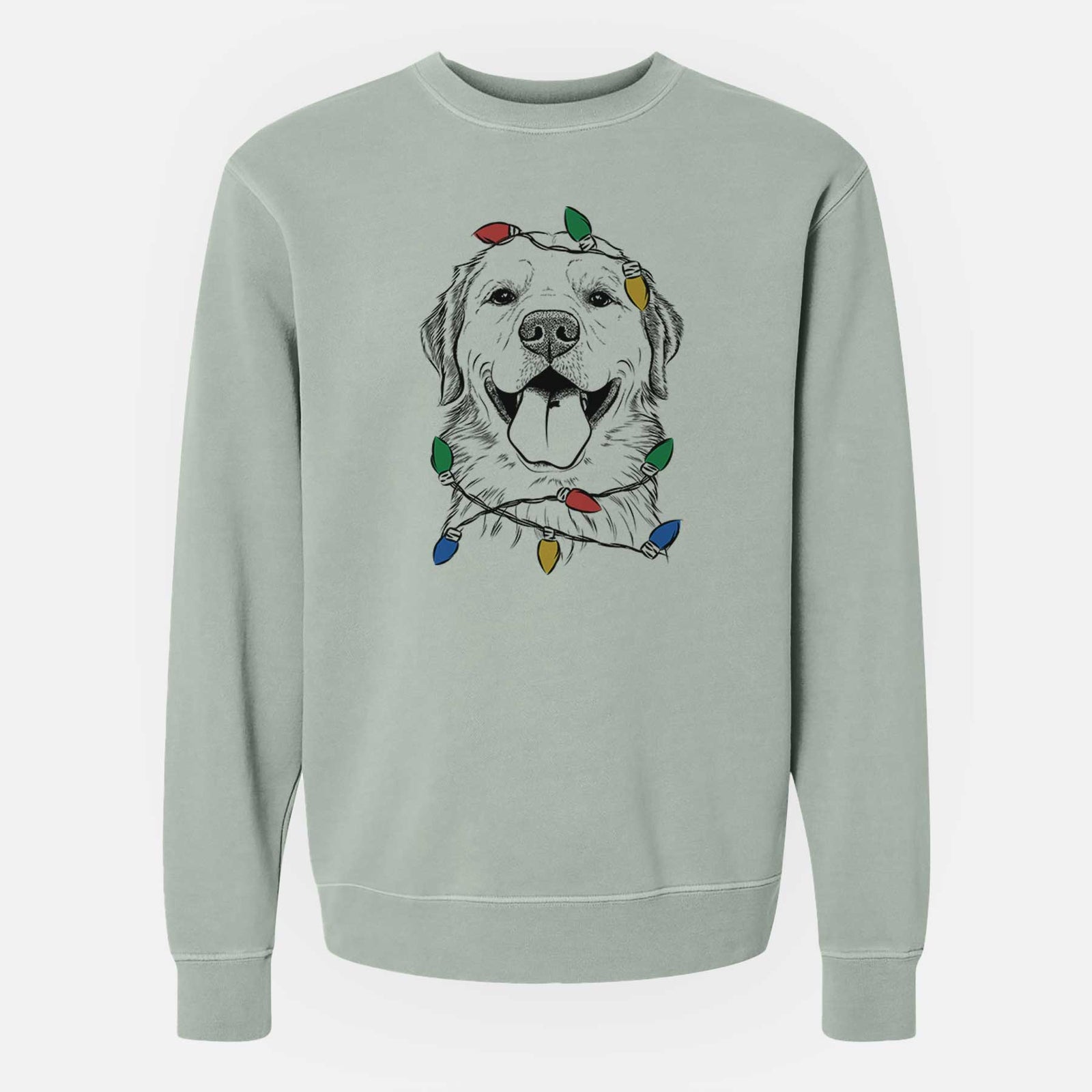 Hand-drawn sketch of Bennett the Golden Retriever wrapped in Christmas lights on a Sage Unisex pigment dyed crew sweatshirt