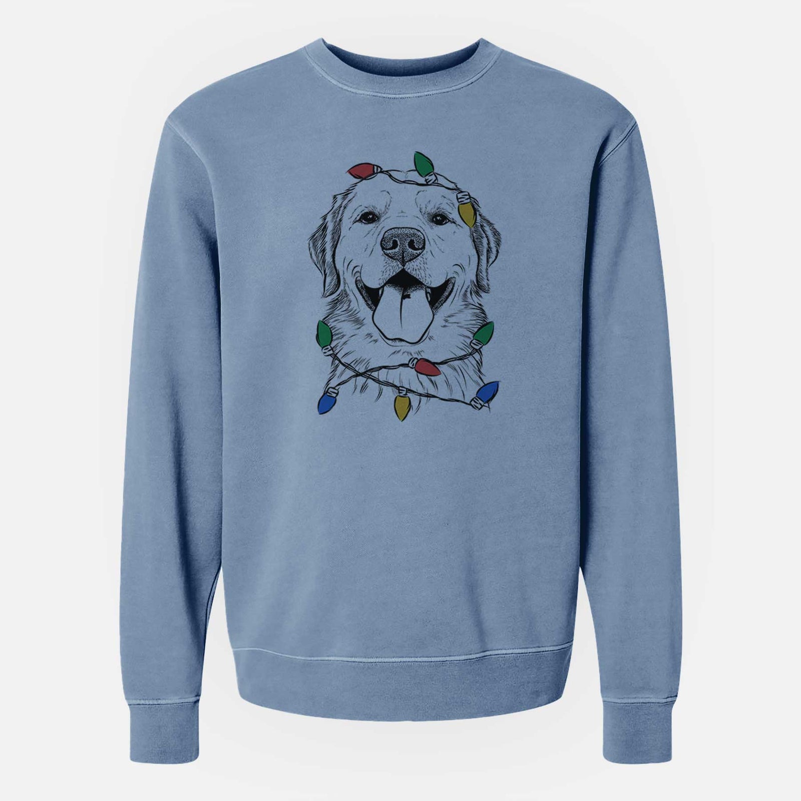 Hand-drawn sketch of Bennett the Golden Retriever wrapped in Christmas lights on a Slate Blue Unisex pigment dyed crew sweatshirt