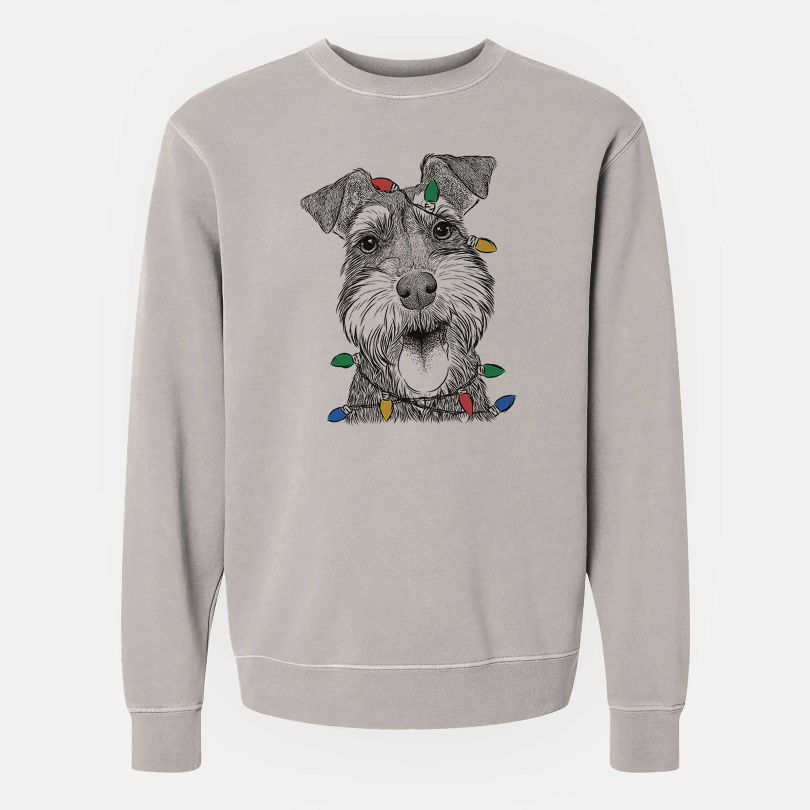 Hand-drawn sketch of Bernadette the Mini Schnauzer wrapped in Christmas lights on a Cement Unisex pigment dyed crew sweatshirt