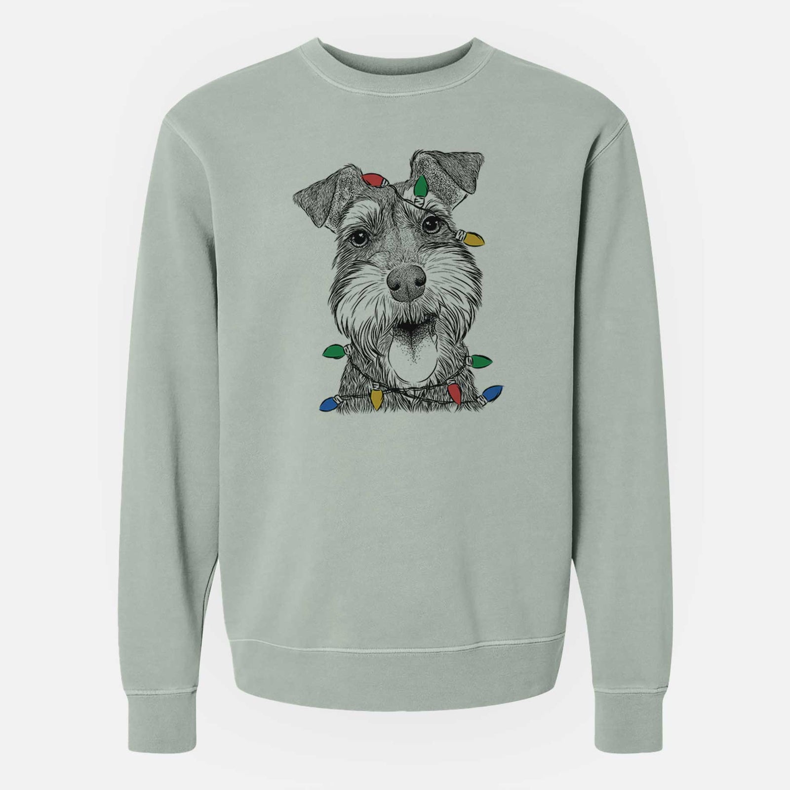 Hand-drawn sketch of Bernadette the Mini Schnauzer wrapped in Christmas lights on a Sage Unisex pigment dyed crew sweatshirt