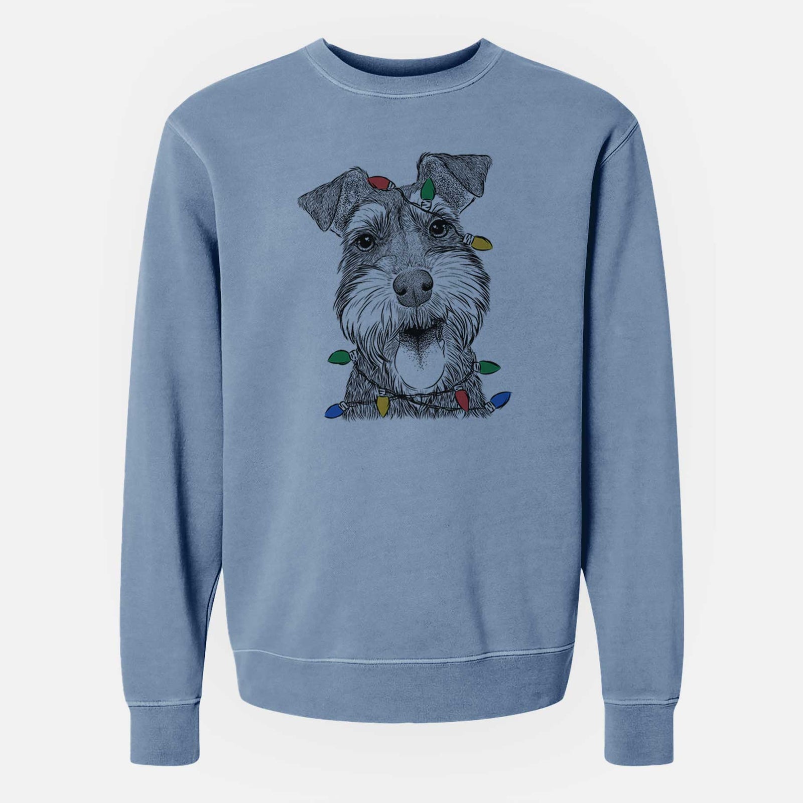 Hand-drawn sketch of Bernadette the Mini Schnauzer wrapped in Christmas lights on a Slate Blue Unisex pigment dyed crew sweatshirt