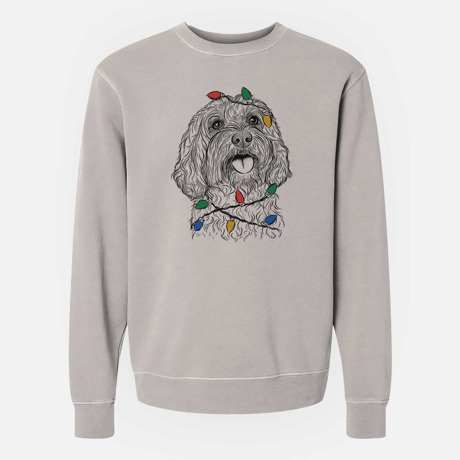Hand-drawn sketch of Cali the Cavapoo wrapped in Christmas lights on a Cement Unisex pigment dyed crew sweatshirt
