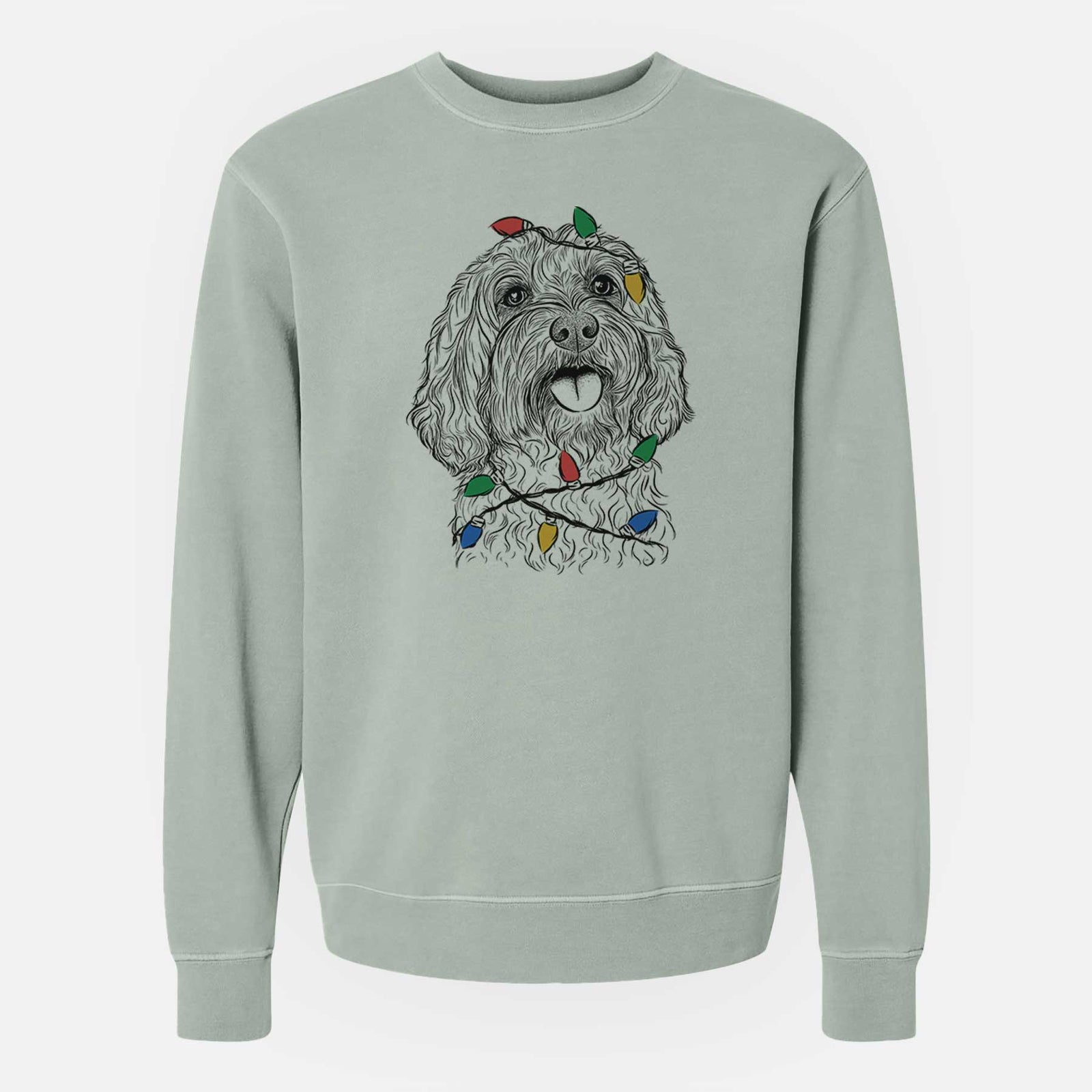 Hand-drawn sketch of Cali the Cavapoo wrapped in Christmas lights on a Sage Unisex pigment dyed crew sweatshirt