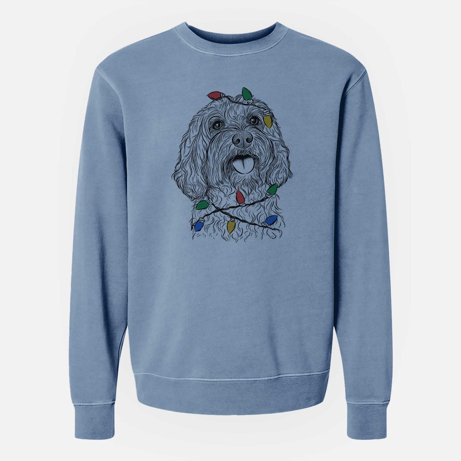 Hand-drawn sketch of Cali the Cavapoo wrapped in Christmas lights on a Slate Blue Unisex pigment dyed crew sweatshirt