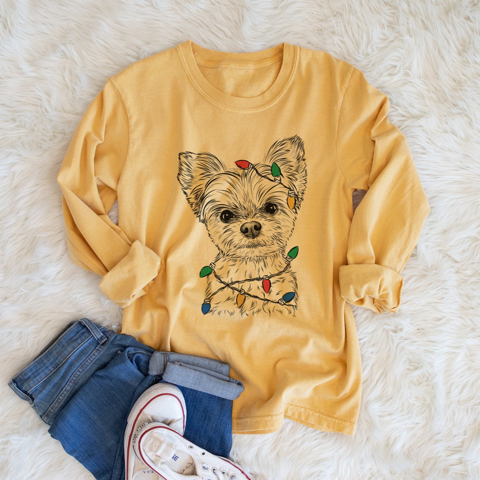Christmas Lights Chance the Yapper the Yorkshire Terrier - Heavyweight 100% Cotton Long Sleeve