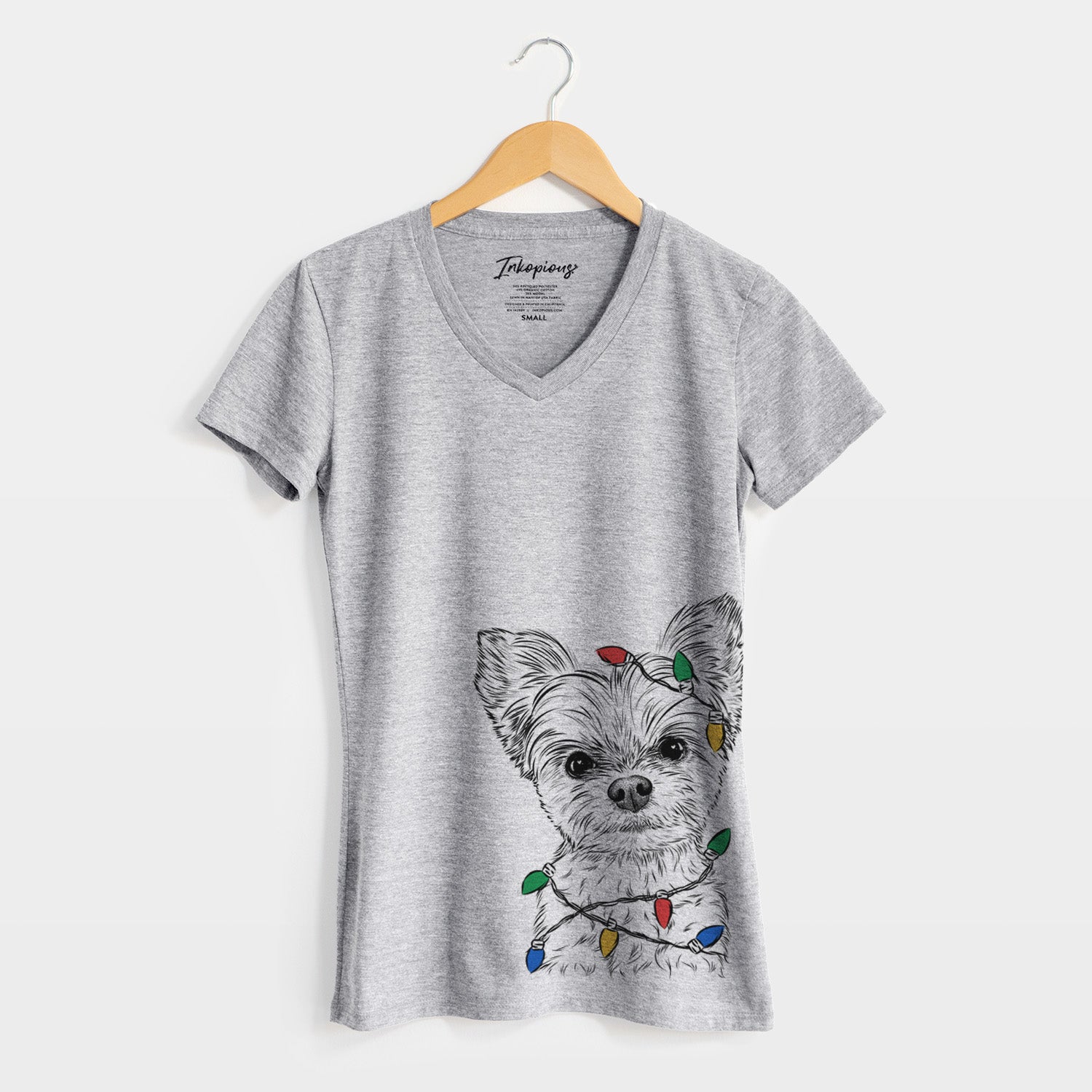 Christmas Lights Chance the Yapper the Yorkshire Terrier - Women's Perfect V-neck Shirt