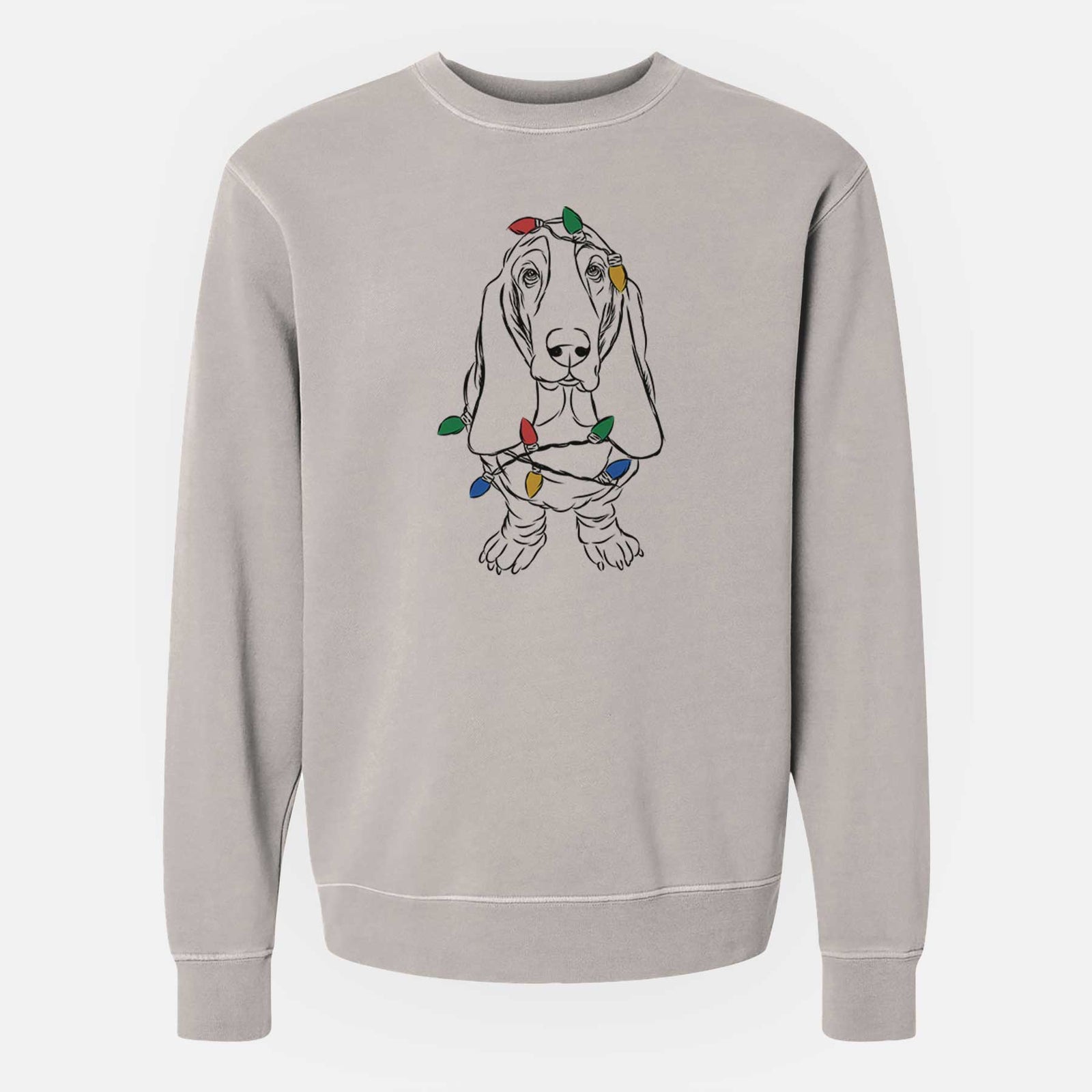 Hand-drawn sketch of Charlie the Basset Hound wrapped in Christmas lights on a Cement Unisex pigment dyed crew sweatshirt