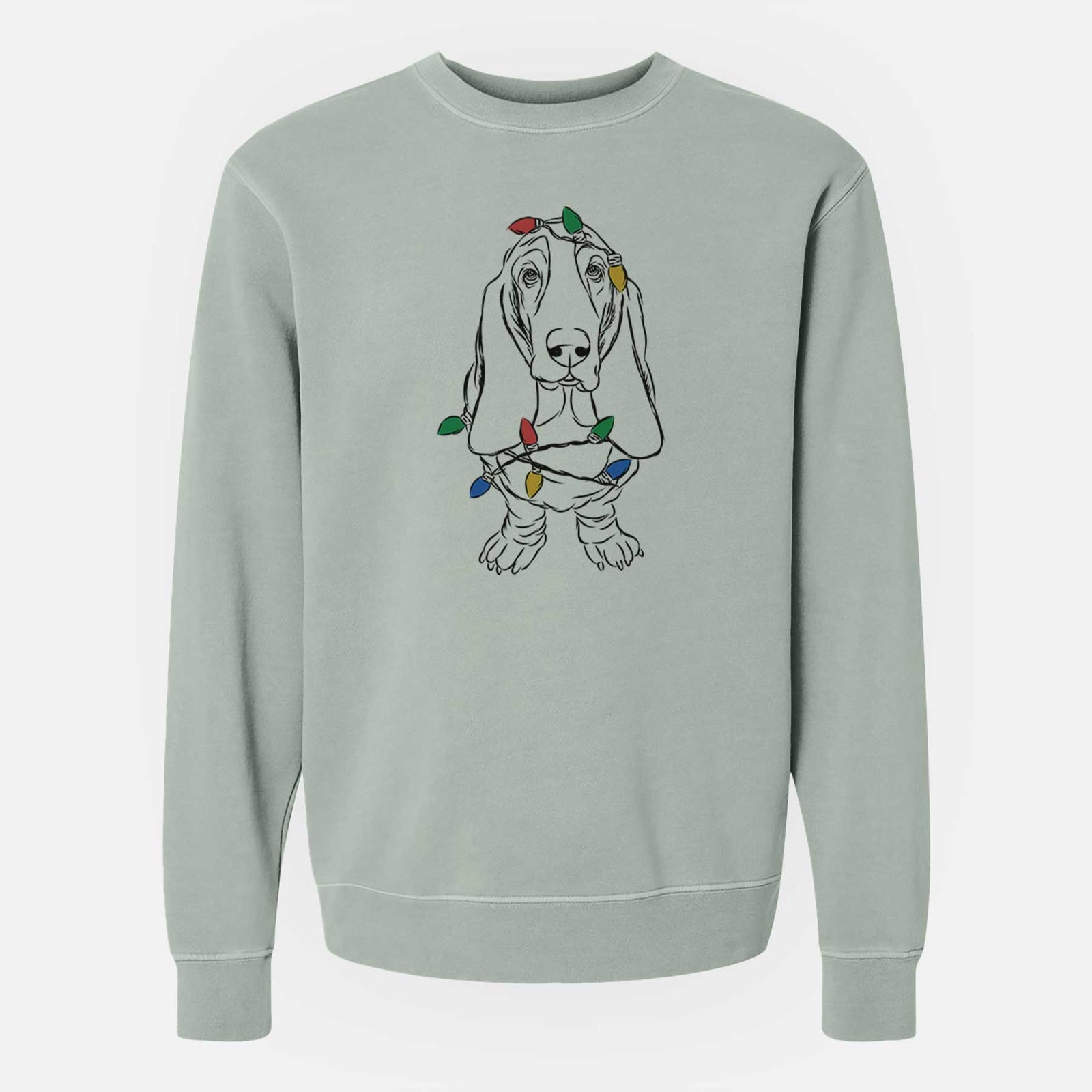 Hand-drawn sketch of Charlie the Basset Hound wrapped in Christmas lights on a Sage Unisex pigment dyed crew sweatshirt