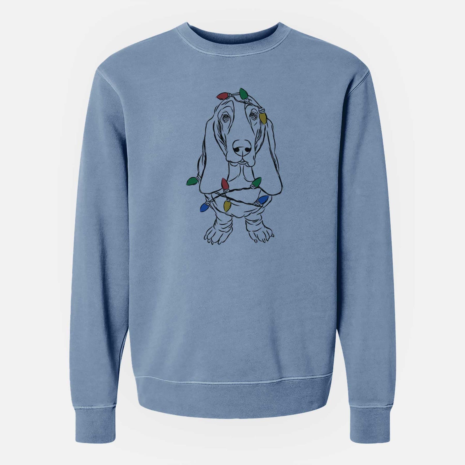 Hand-drawn sketch of Charlie the Basset Hound wrapped in Christmas lights on a Slate Blue Unisex pigment dyed crew sweatshirt