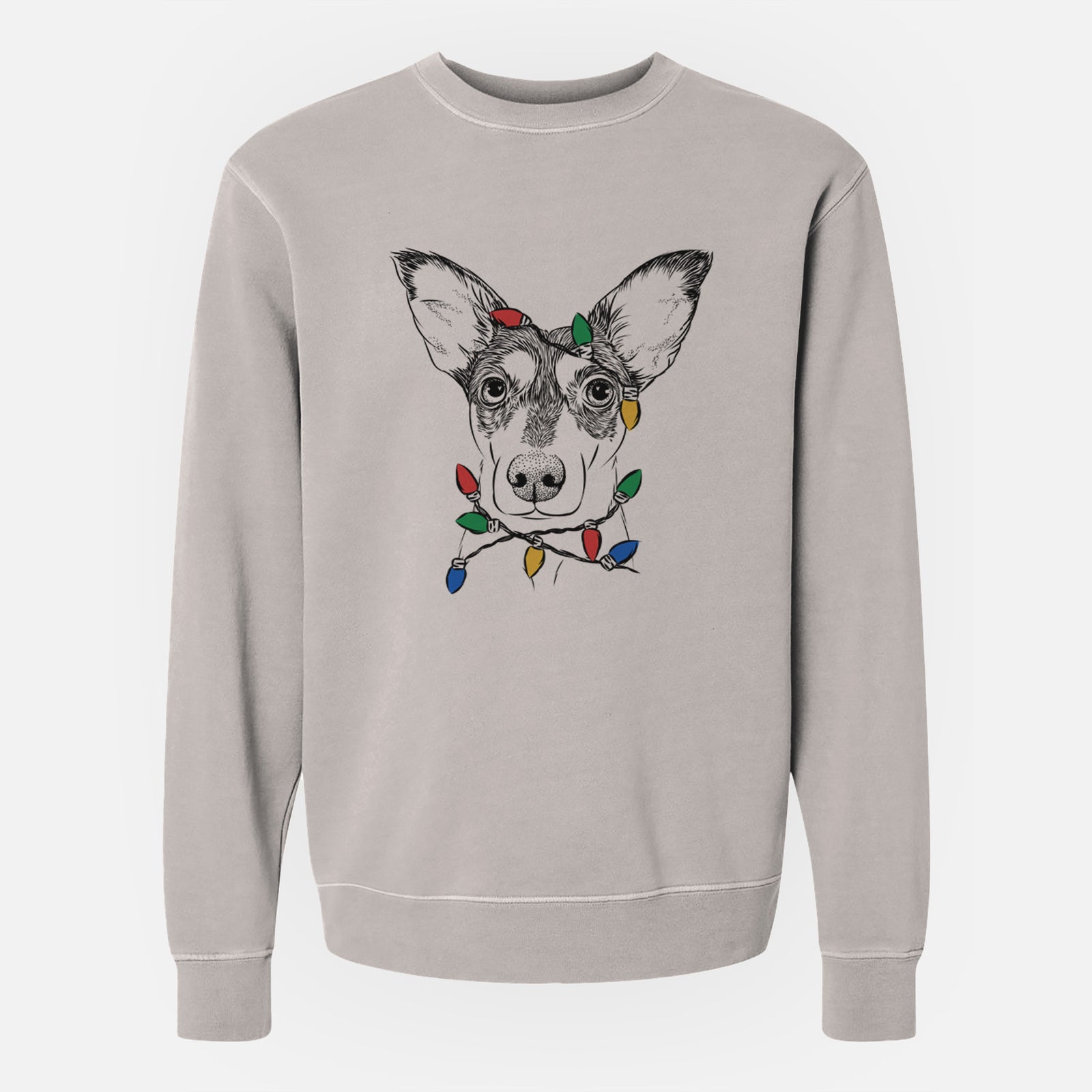 Hand-drawn sketch of Chloe the Doxie Mix wrapped in Christmas lights on a Cement Unisex pigment dyed crew sweatshirt