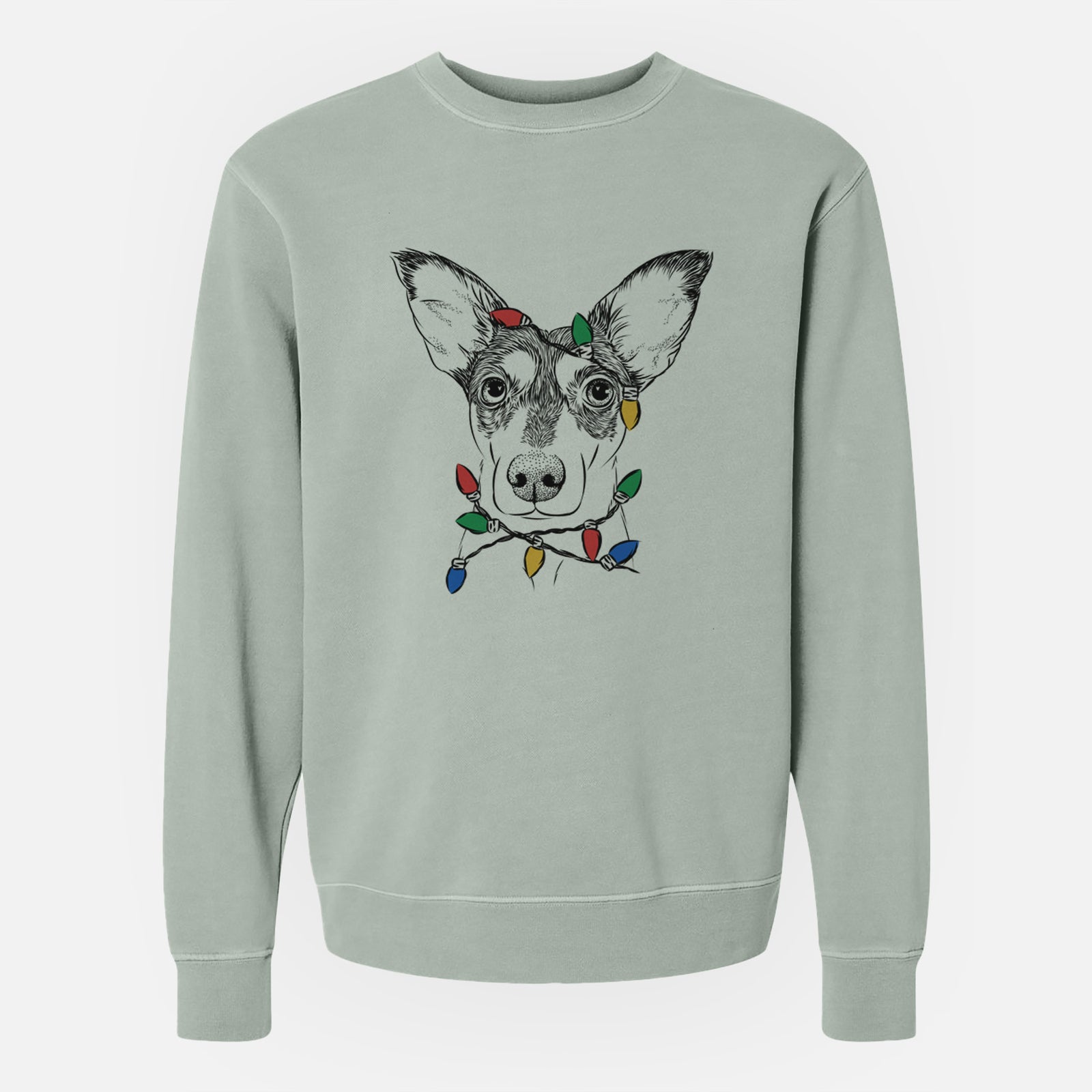 Hand-drawn sketch of Chloe the Doxie Mix wrapped in Christmas lights on a Sage Unisex pigment dyed crew sweatshirt