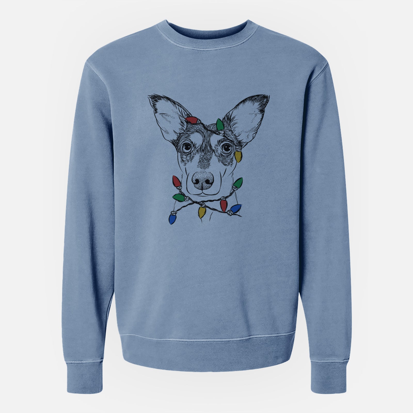 Hand-drawn sketch of Chloe the Doxie Mix wrapped in Christmas lights on a Slate Blue Unisex pigment dyed crew sweatshirt