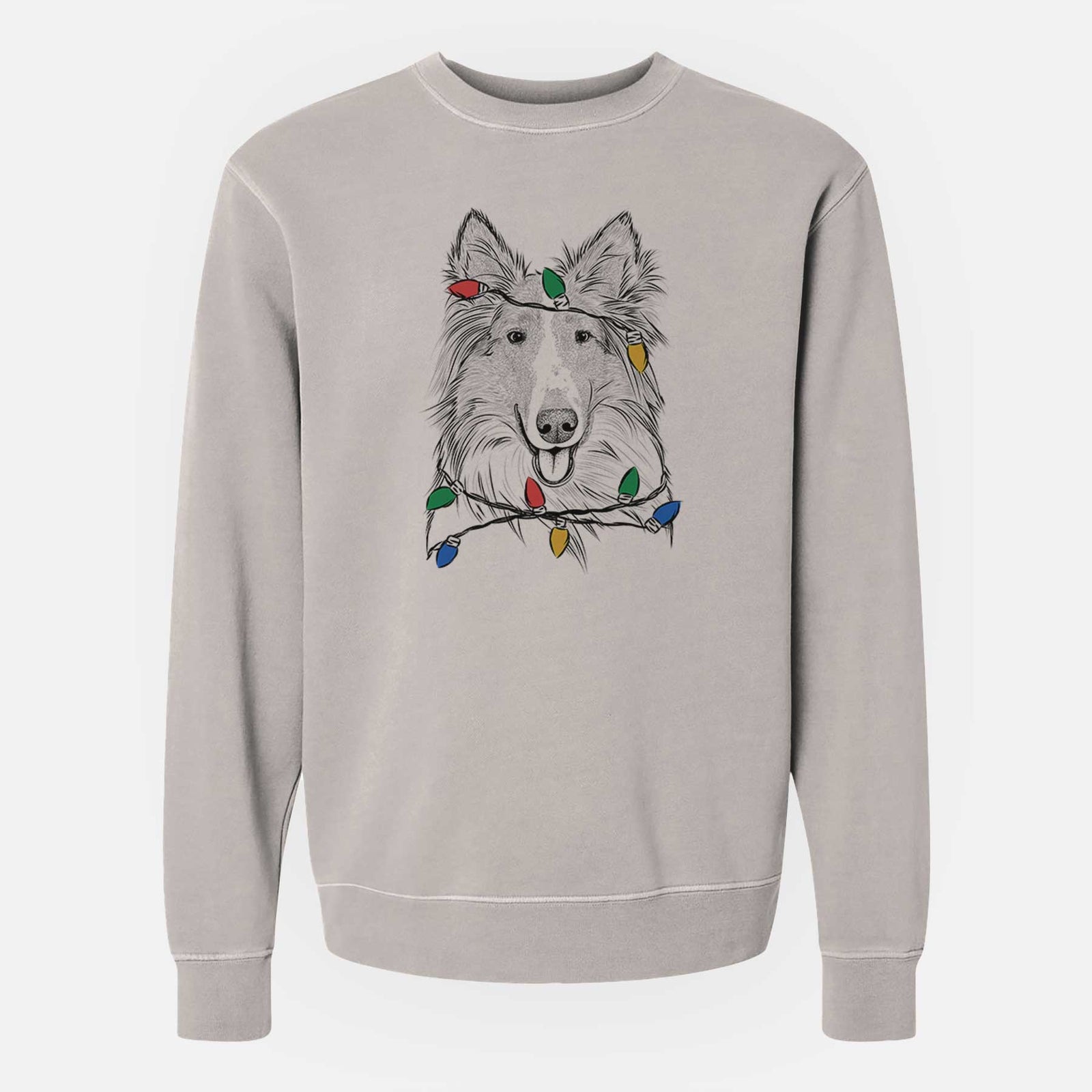 Hand-drawn sketch of Conrad the Rough Collie wrapped in Christmas lights on a Cement Unisex pigment dyed crew sweatshirt