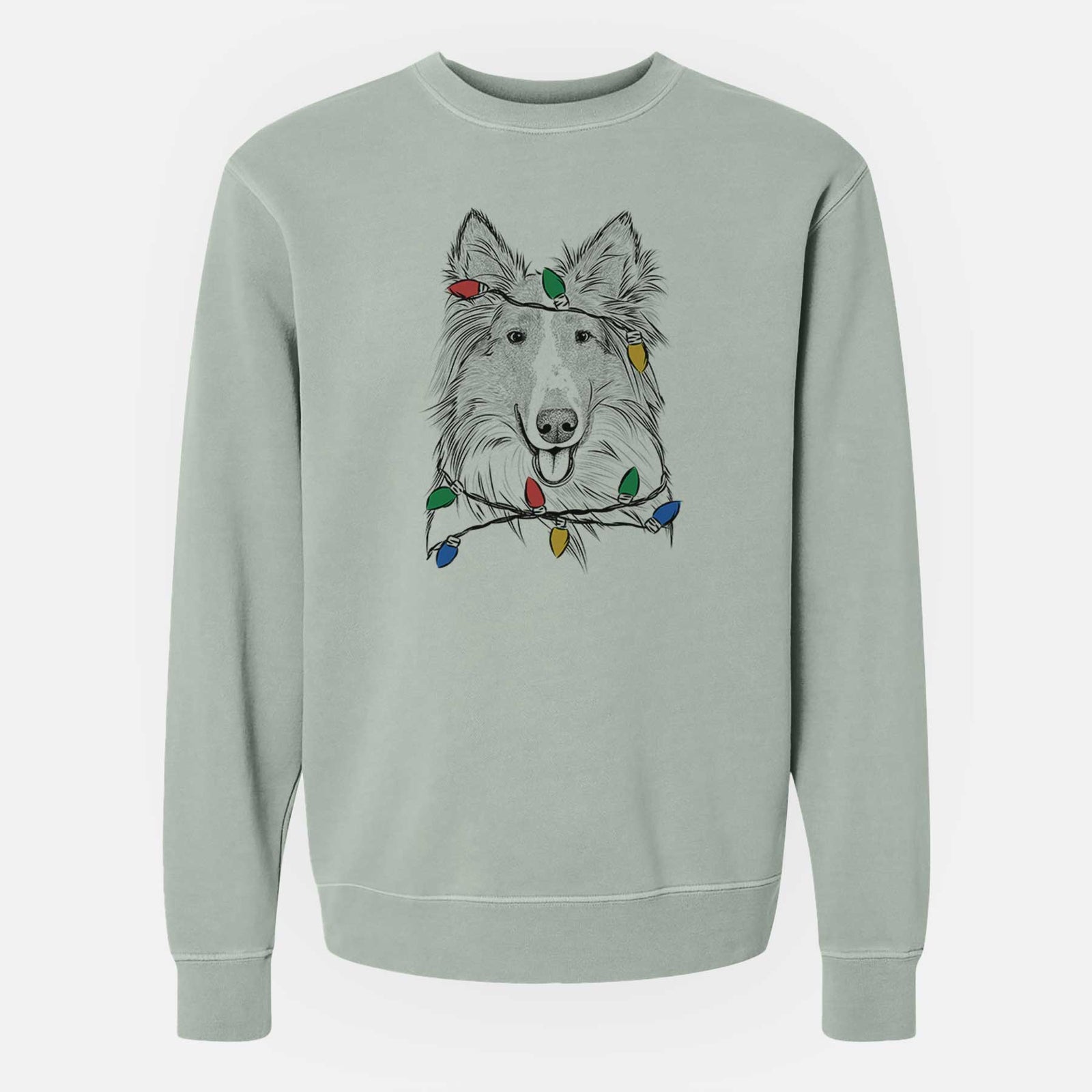 Hand-drawn sketch of Conrad the Rough Collie wrapped in Christmas lights on a Sage Unisex pigment dyed crew sweatshirt