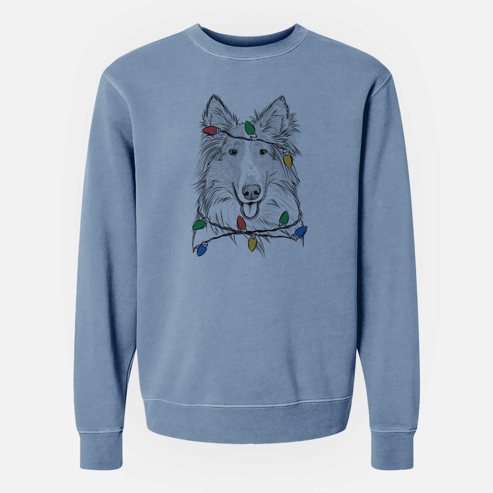 Hand-drawn sketch of Conrad the Rough Collie wrapped in Christmas lights on a Slate Blue Unisex pigment dyed crew sweatshirt
