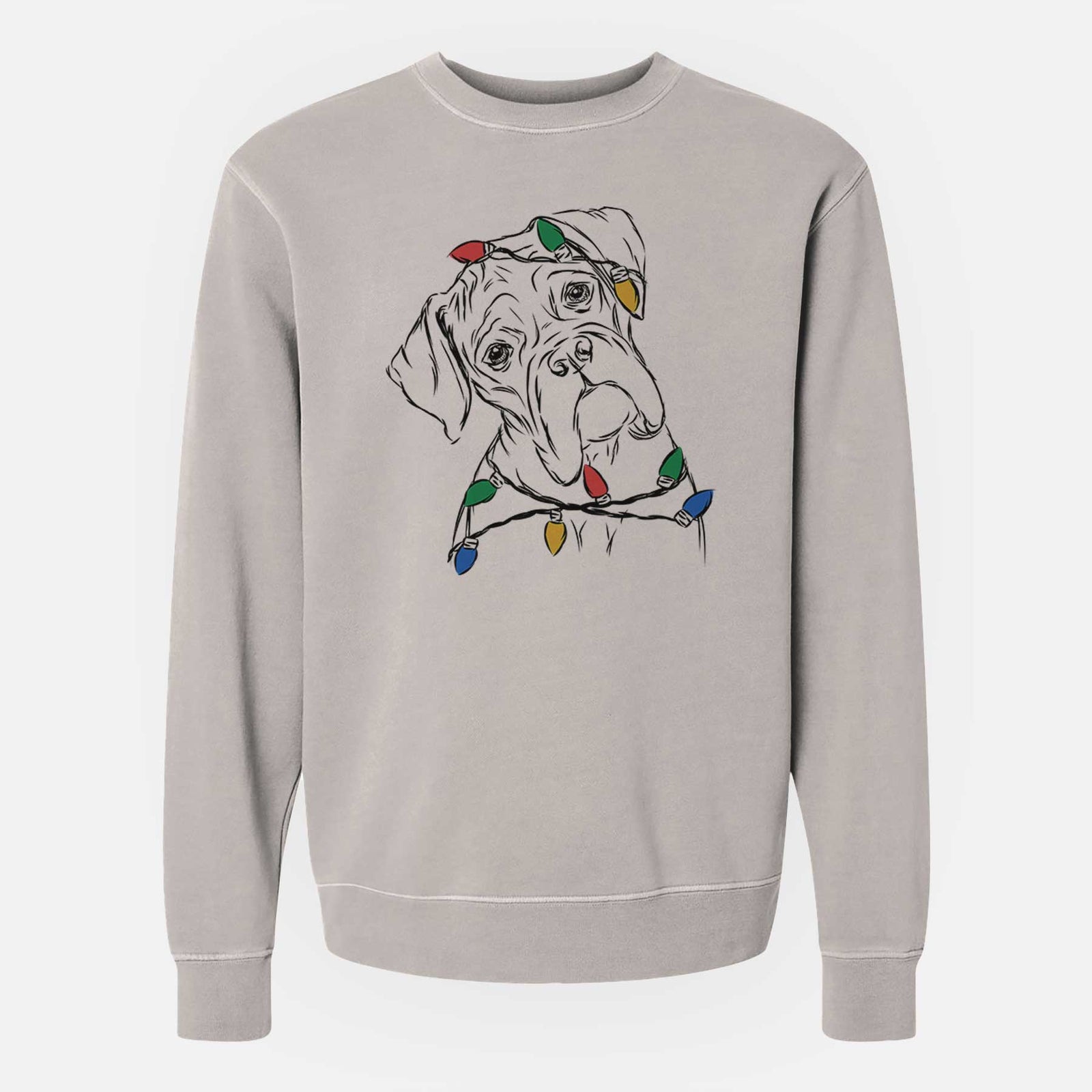 Hand-drawn sketch of Cooper the Boxer wrapped in Christmas lights on a Cement Unisex pigment dyed crew sweatshirt