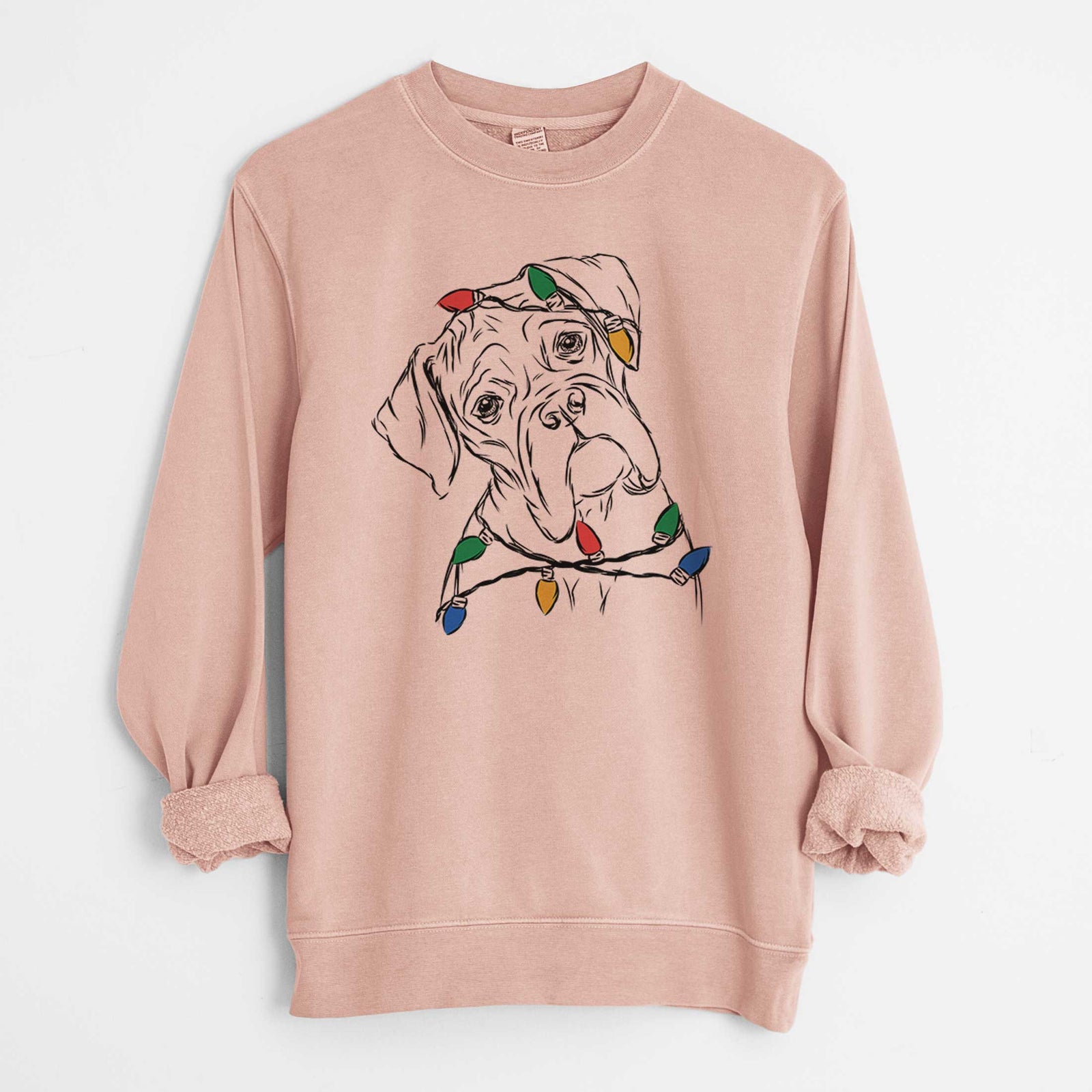 Hand-drawn sketch of Cooper the Boxer wrapped in Christmas lights on a Dusty Pink Unisex pigment dyed crew sweatshirt