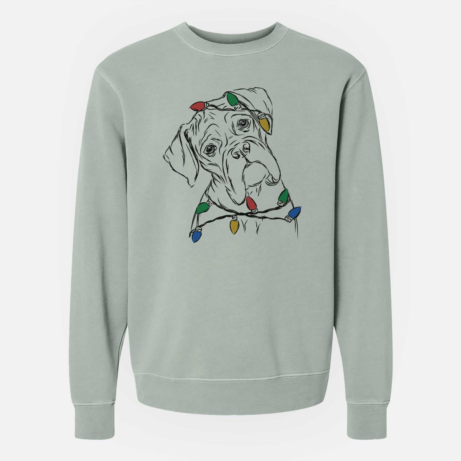 Hand-drawn sketch of Cooper the Boxer wrapped in Christmas lights on a Sage Unisex pigment dyed crew sweatshirt