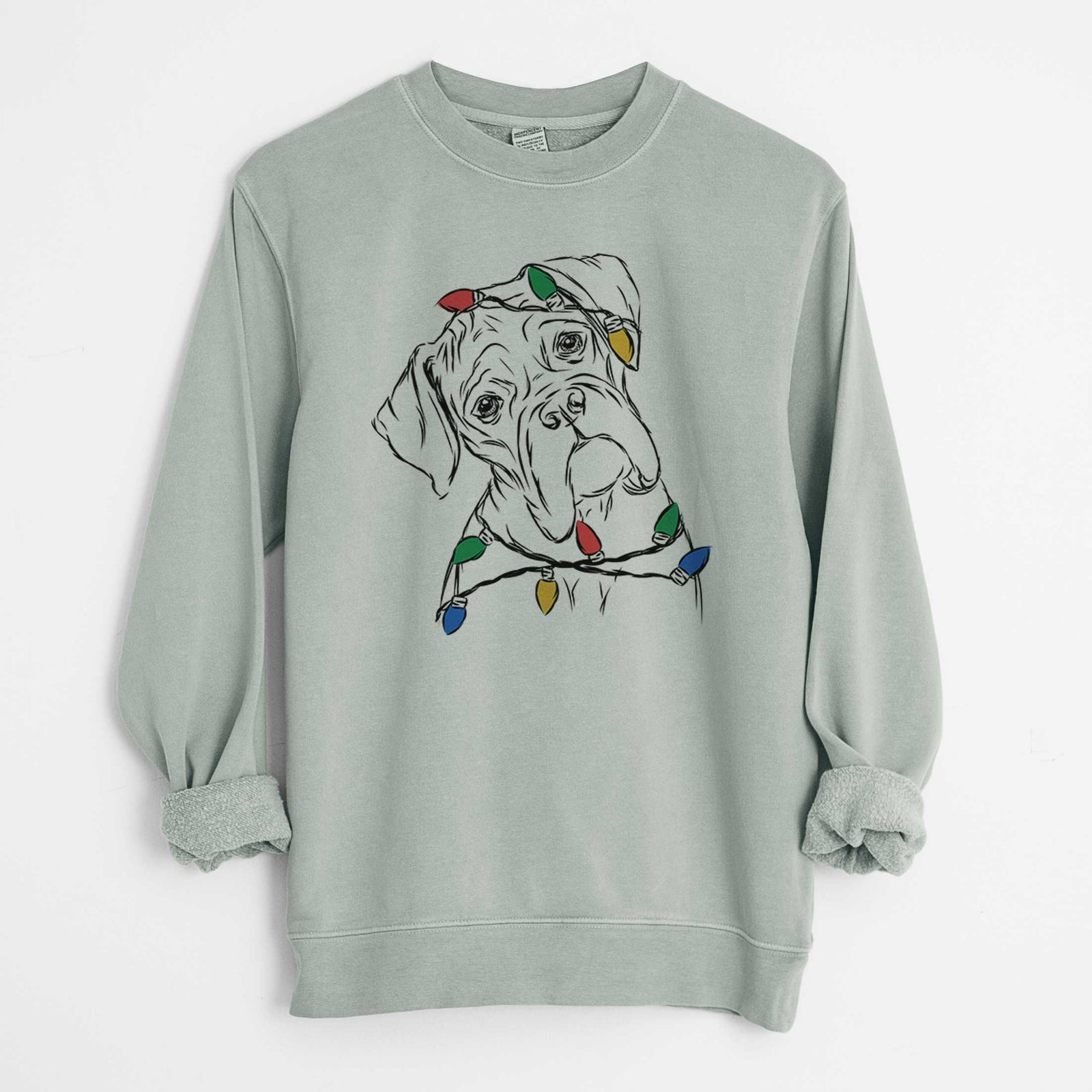 Hand-drawn sketch of Cooper the Boxer wrapped in Christmas lights on a Sage Unisex pigment dyed crew sweatshirt